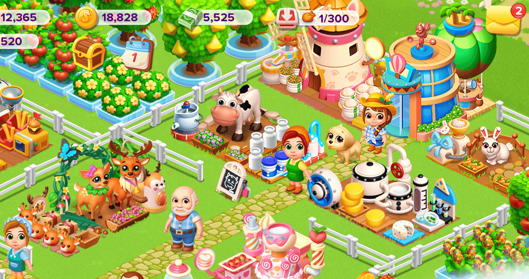 A Family Farm Seaside farm with a cow and churns of milk beside her, a machine with wheels of cheese stacked in front, deer and a rabbit in their pens and farm workers on the paths, with the coin and Ranch Cash balances along the top