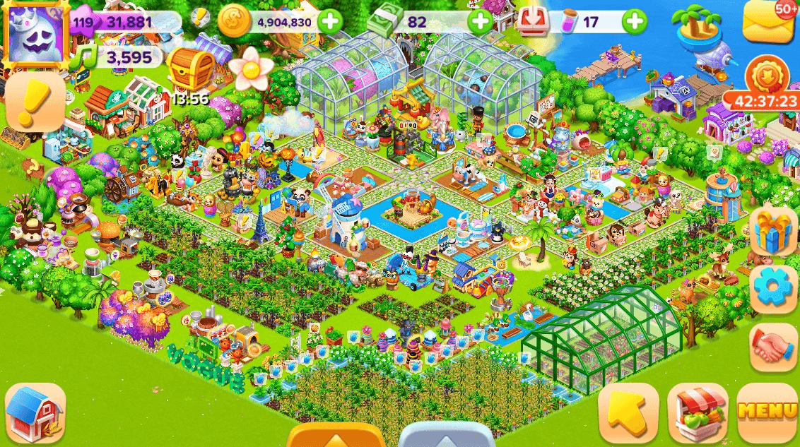 An established Family Farm Seaside farm with greenhouses, decorated pens, a pond and rows of crops, with a coin balance of 4,904,830 and a Ranch Cash balance of 82 in green banknotes along the top