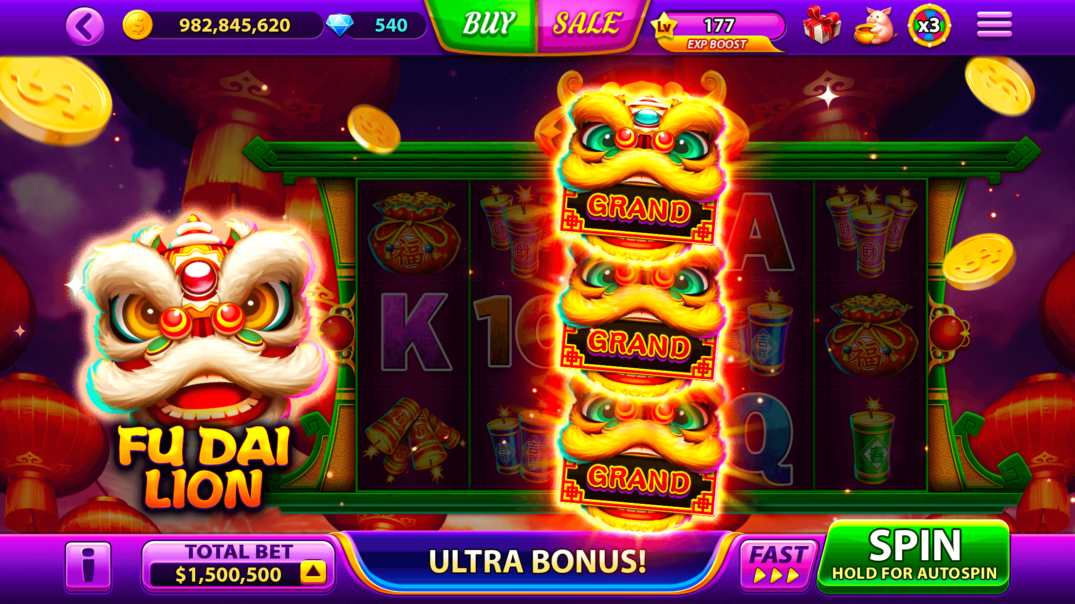 The Fu Dai Lion slot in Full House Casino with a column of Grand symbols beside the reels and a total bet of 1,500,500