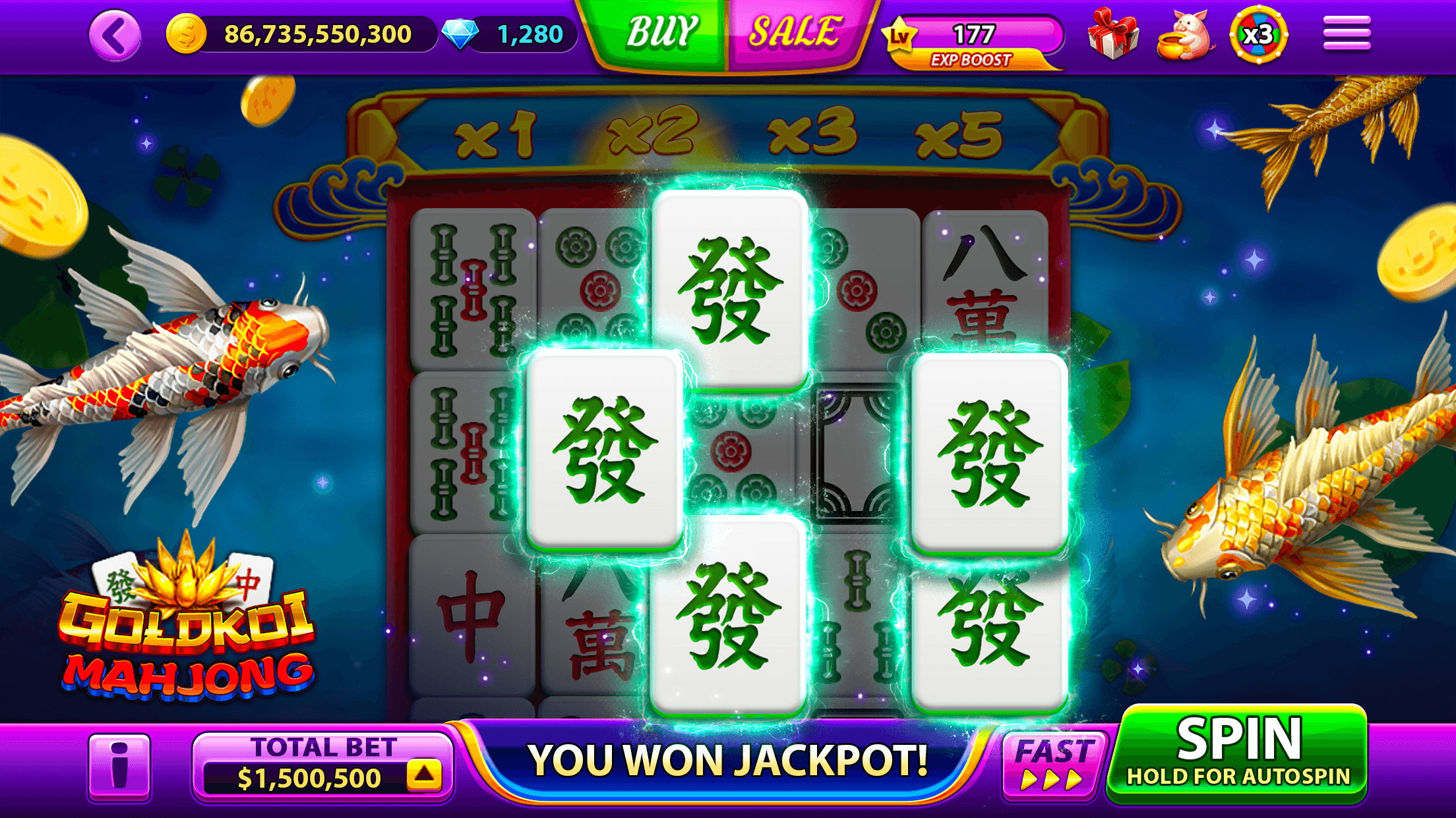 The Goldkoi Mahjong game in Full House Casino, using mahjong tiles in place of slot reels