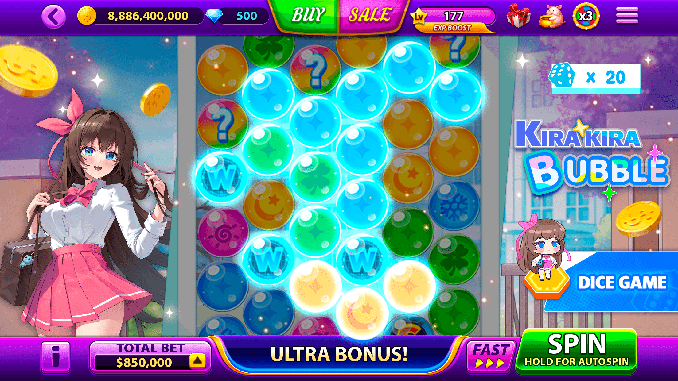 A bubble-popping side game in Full House Casino with a Dice Game button beside it