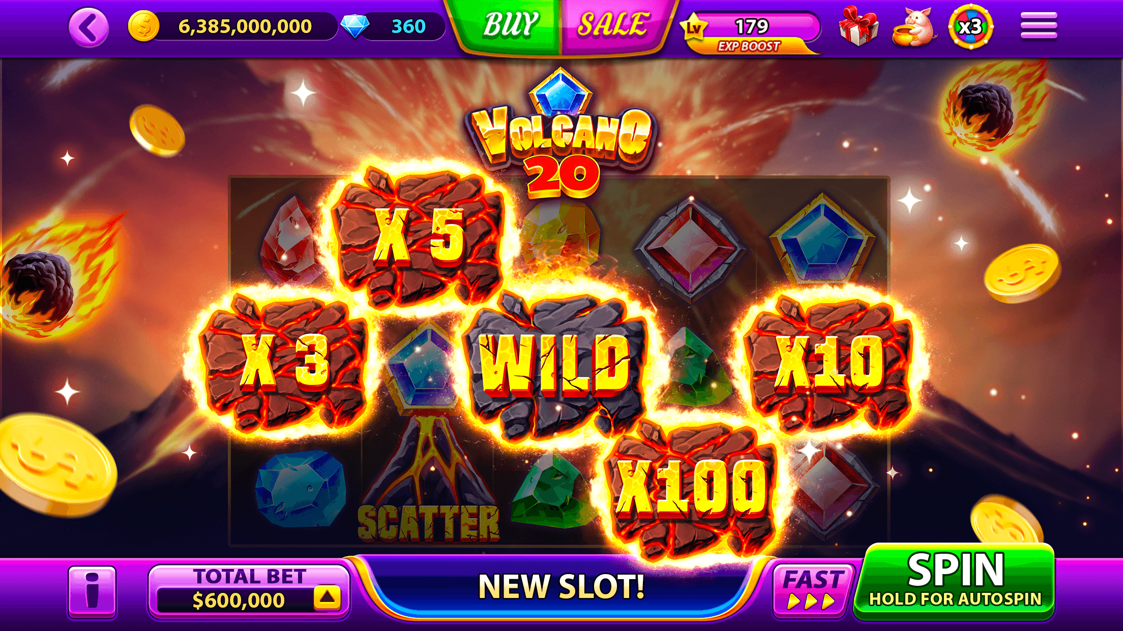 The Volcano 20 slot in Full House Casino, flaming multiplier symbols from X3 to X100 and a wild on the reels, with the chip balance of 6,385,000,000, gems, and a level badge of 179 marked EXP Boost along the top, and New Slot! at the bottom