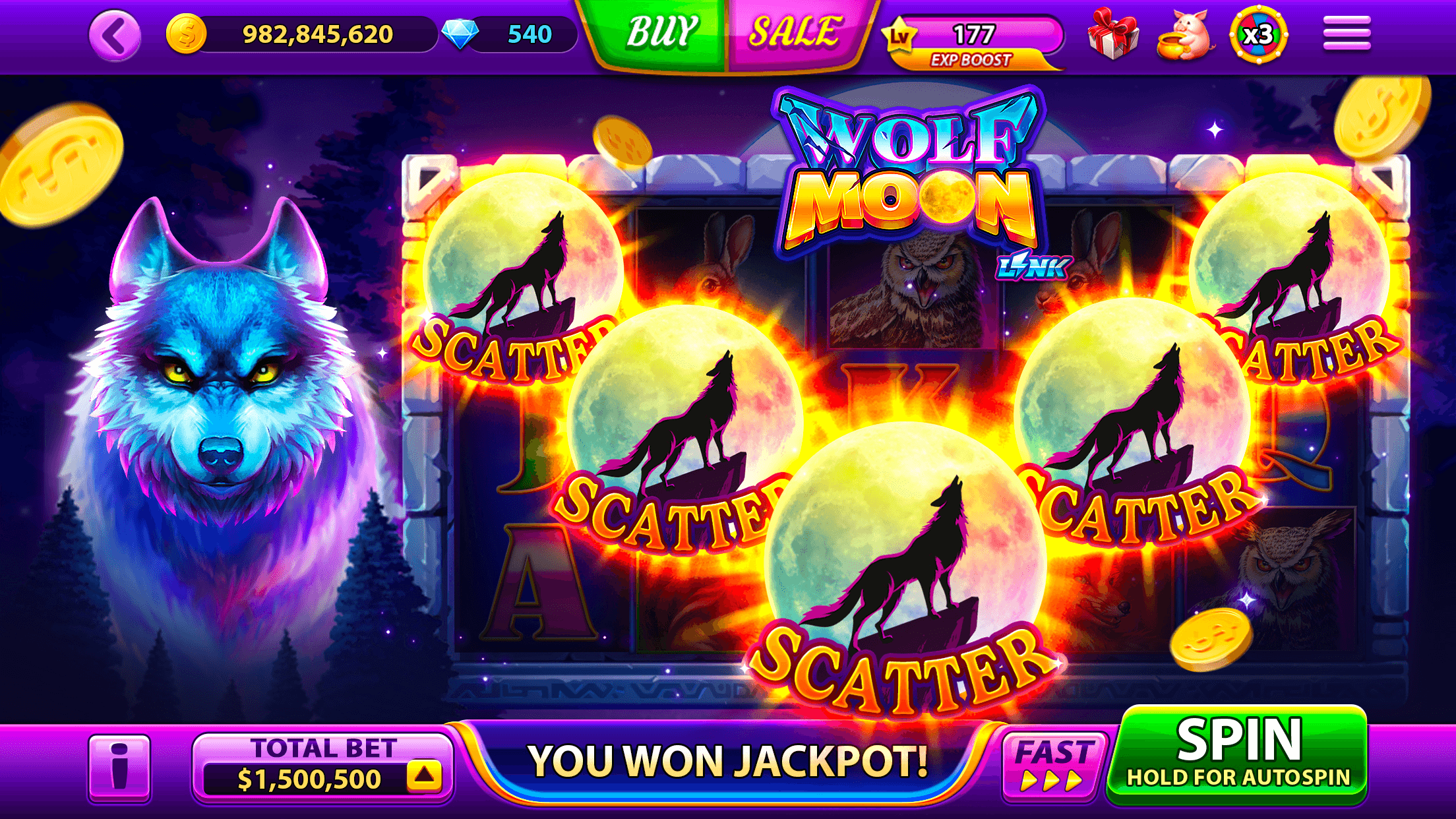 The Wolf Moon slot in Full House Casino, four glowing Scatter moons across the reels beside a blue wolf, with You Won Jackpot! and a total bet shown as $1,500,500 along the bottom