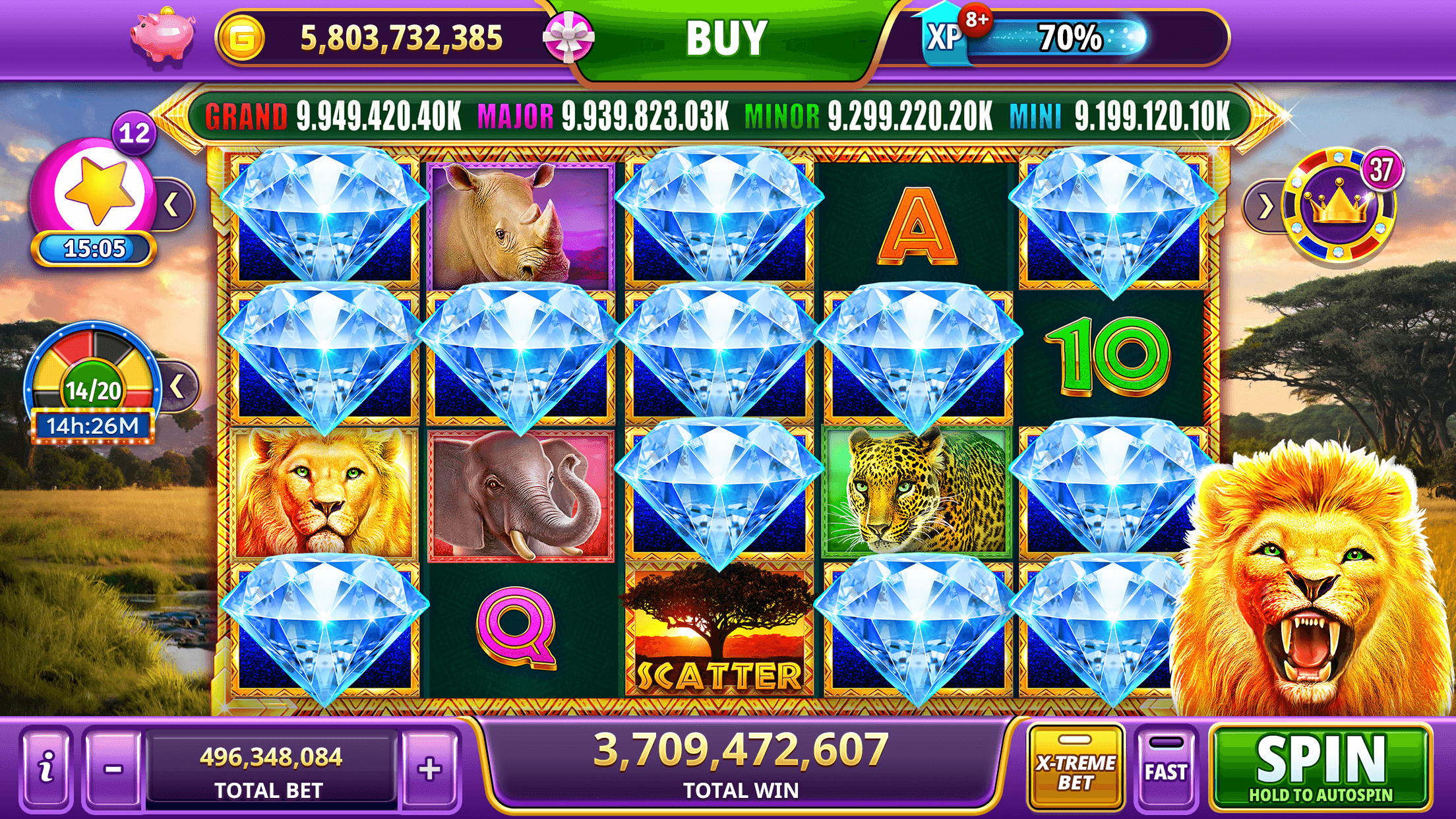 A diamond-themed Gambino Slots machine with Grand, Major, Minor and Mini jackpot totals above the reels