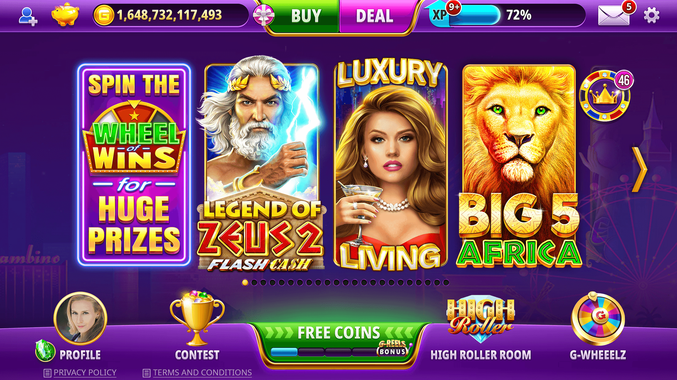 The Gambino Slots lobby showing machine tiles including Legend of Zeus 2 and Big 5 Africa, above a bar with Free Coins, High Roller Room and G-Wheelz
