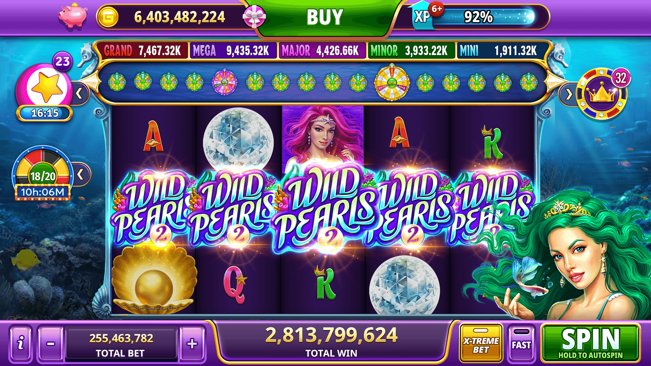 The Wild Pearls slot in Gambino Slots, Wild Pearls symbols across the middle of the reels beside a mermaid, a row of jackpots across the top, and the G-Coin balance of 6,403,482,224 with a total win of 2,813,799,624
