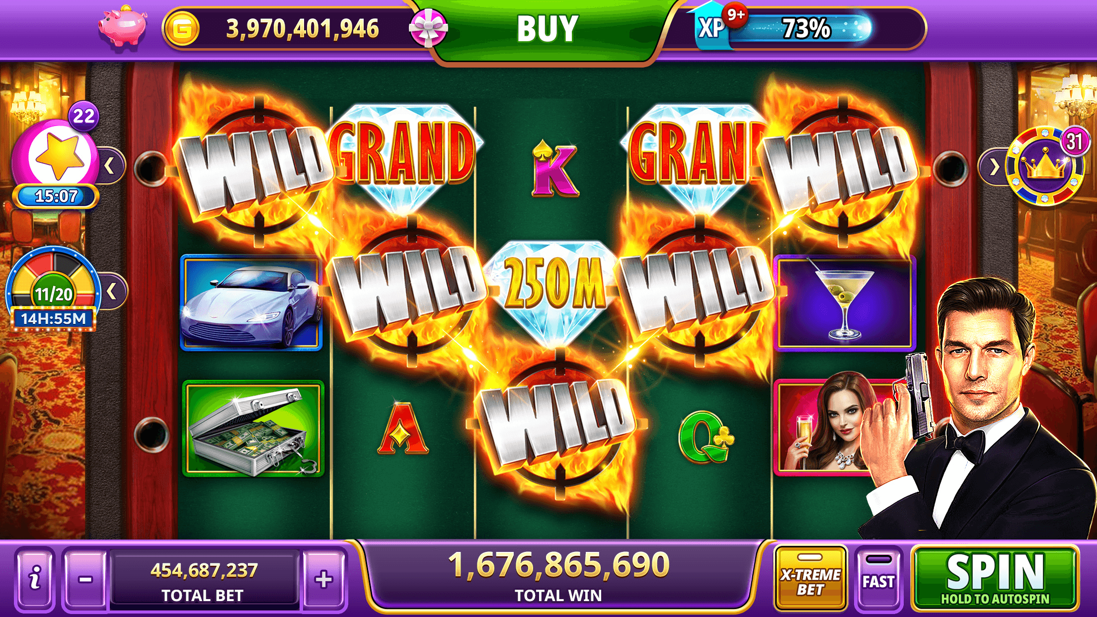 A spy-themed Gambino Slots machine with flaming Wild, Grand and 250M symbols on the reels and a man in a dinner jacket beside them, with the G-Coin balance of 3,970,401,946 and an XP bar at 73% along the top