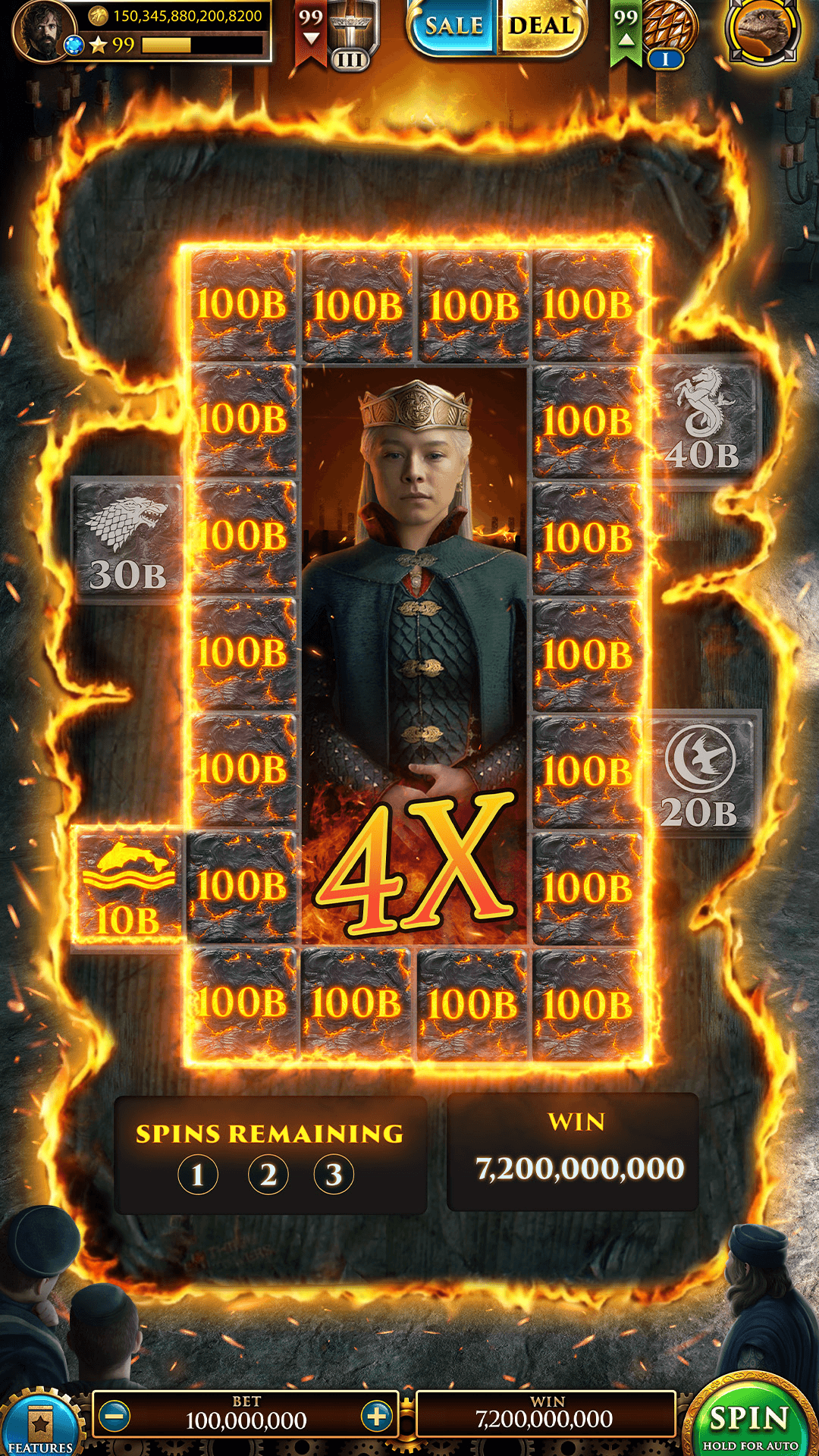 A 4X bonus round in Game of Thrones Slots, a fiery frame of 100B coins around a crowned woman, with Spins Remaining 1, 2, 3 and a win of 7,200,000,000 below, and a bet of 100,000,000 at the bottom