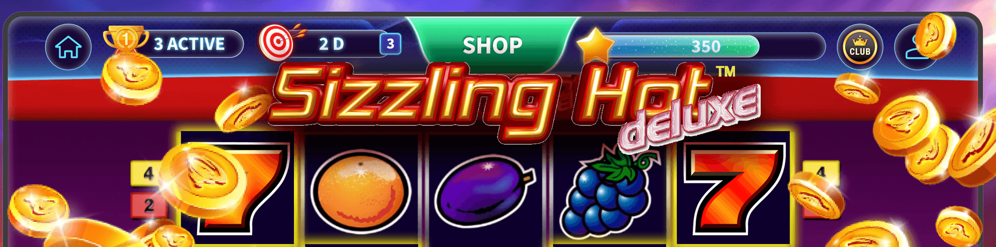 The top of the Sizzling Hot deluxe machine in GameTwist, its title above a row of reels showing a 7, an orange, a plum, grapes and another 7, with the Shop button and a level bar along the top and Twist coins scattered around