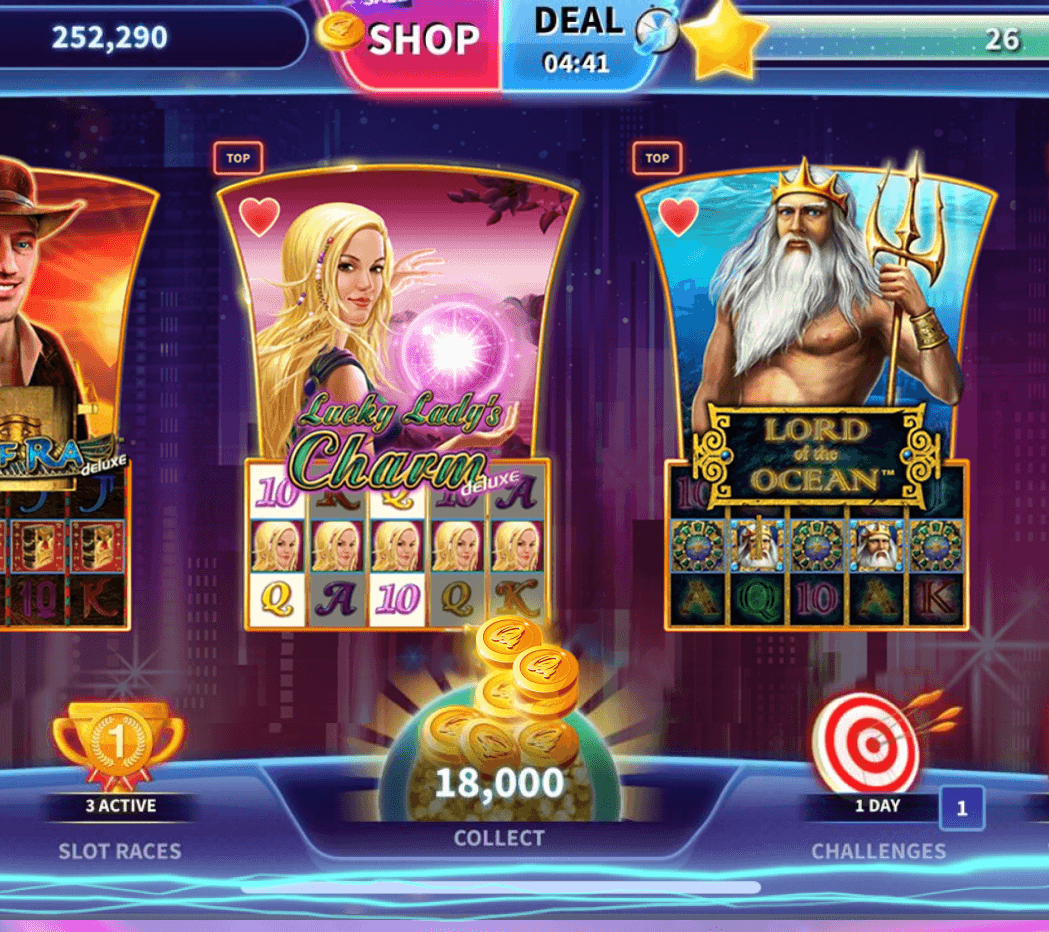 The GameTwist game selection screen showing the edge of the Book of Ra deluxe tile, then Lucky Lady's Charm deluxe and Lord of the Ocean, with the Twist balance and Shop along the top and a Collect button showing 18,000 between Slot Races and Challenges at the bottom