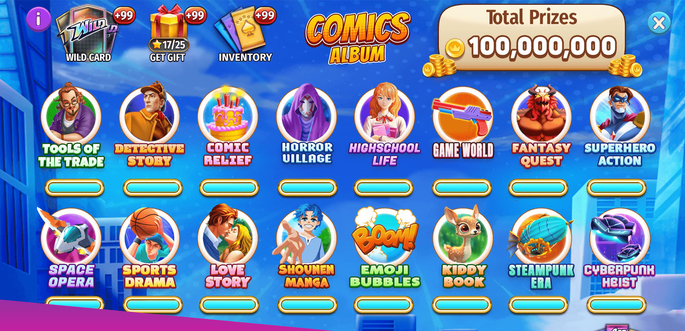 The Comics Album collection screen in Gin Rummy Stars, showing themed card sets and a total prize pool