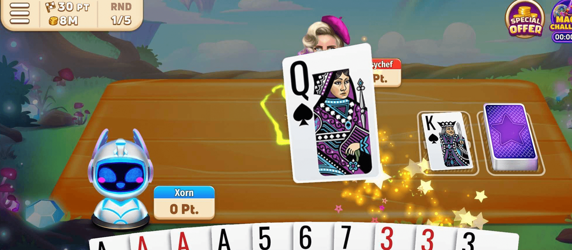 A Gin Rummy Stars table with a hand of four aces, a 5, 6 and 7 and three 3s along the bottom, the queen of spades held up above it, the king of spades on the discard pile beside the stock, and a robot opponent named Xorn on 0 points