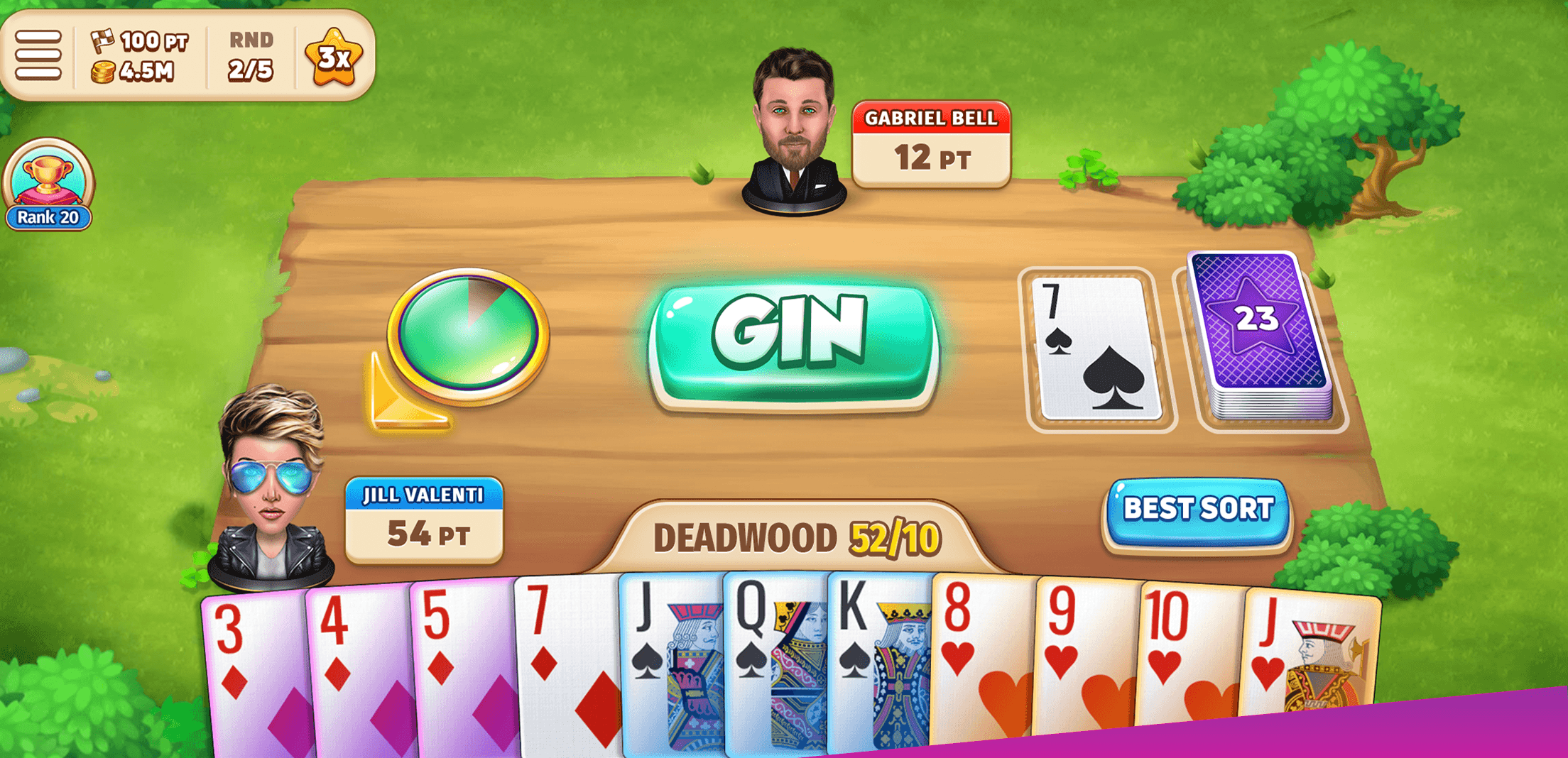 A Gin Rummy Stars table showing a hand of cards, the deadwood count and a GIN button, with both players shown at the sides