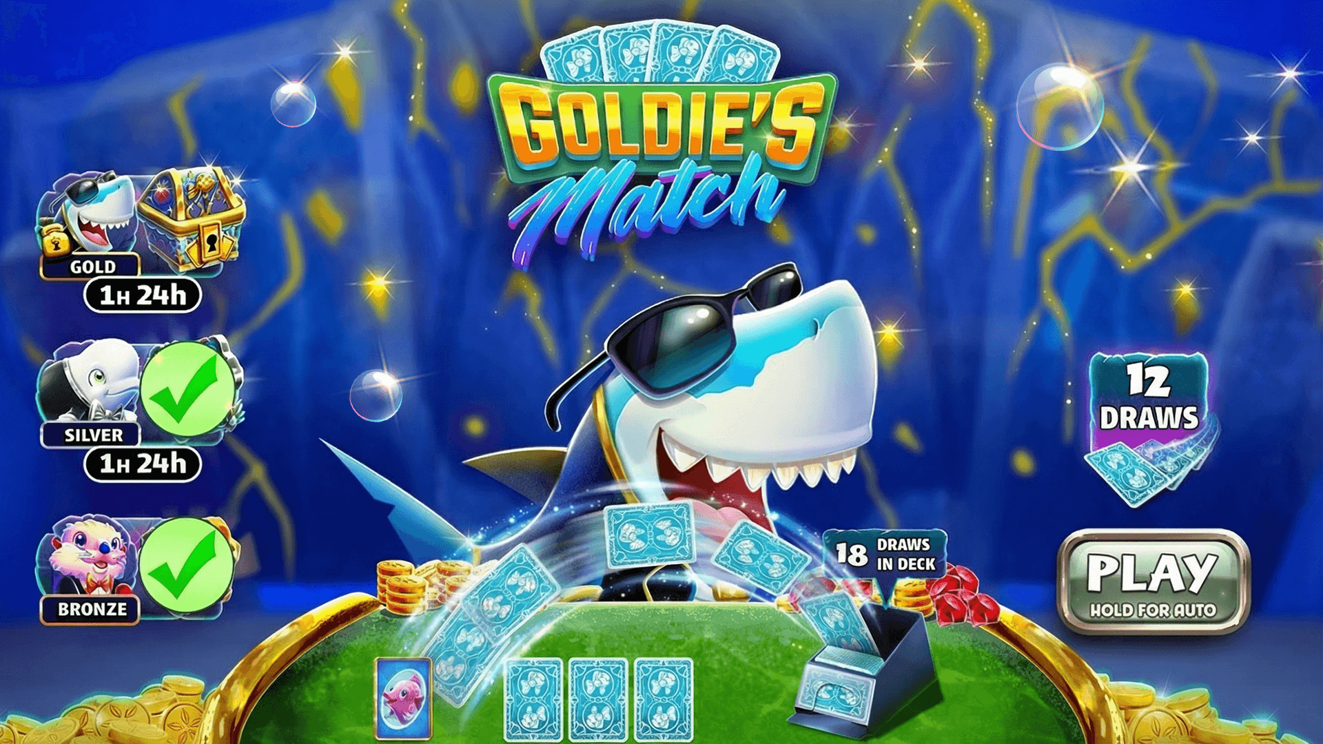 The Goldie's Match card game in Gold Fish Casino Slots, a shark in sunglasses dealing cards at a green table, with Gold, Silver and Bronze tiers down the left, Silver and Bronze ticked and Gold locked, a 12 Draws counter, 18 draws left in the deck and a Play button