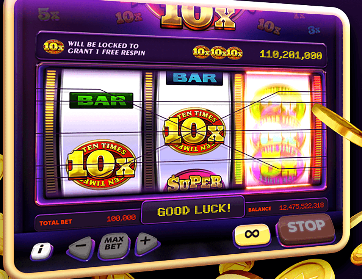 A classic three-reel Gold Party Casino machine with Ten Times 10x symbols and BAR symbols on the reels, a notice that a 10x will be locked to grant 1 free respin, a jackpot of 110,201,000, a total bet of 100,000 and a balance of 12,475,522,318