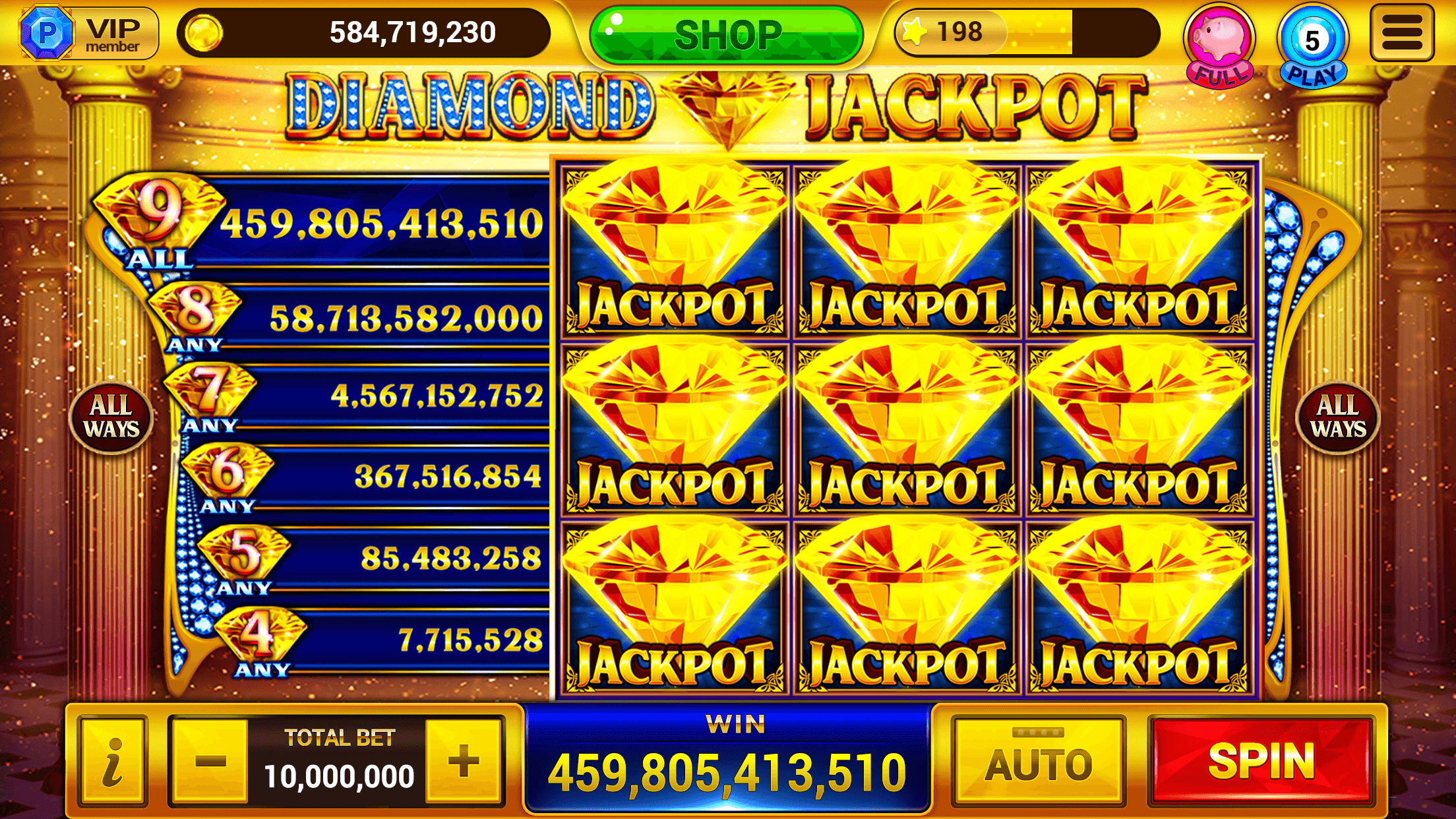 A Diamond Jackpot machine in Golden City Casino showing a pay ladder down the left and a win of 459,805,413,510