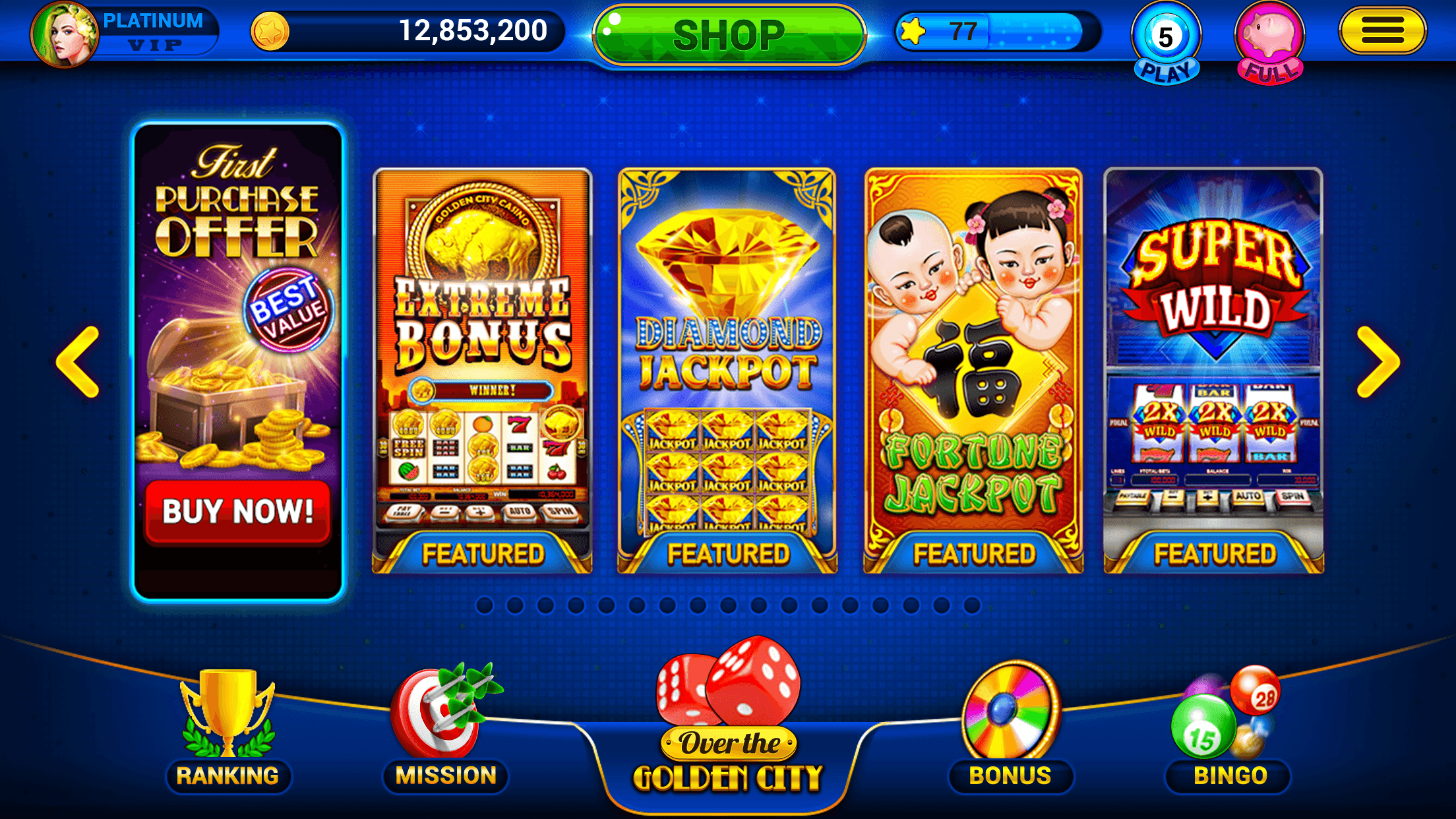 The Golden City Casino lobby showing featured machine tiles above a bar with Ranking, Mission, Bonus and Bingo buttons