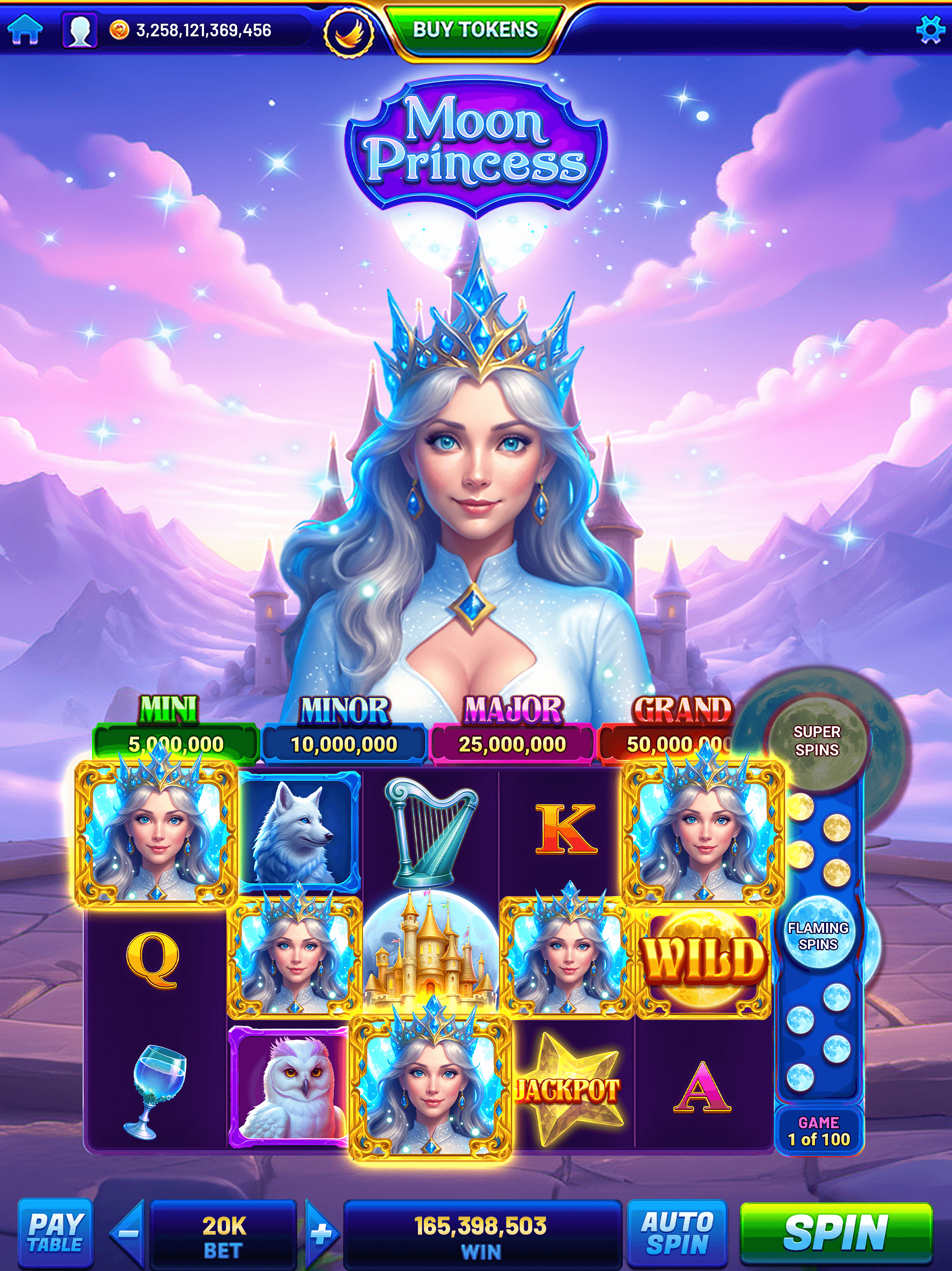 The Moon Princess slot in Royal Lounge Casino, formerly GSN Casino, a crowned princess before a castle above Mini, Minor, Major and Grand jackpots from 5,000,000 to 50,000,000, with a bet of 20K and a win of 165,398,503 at the bottom