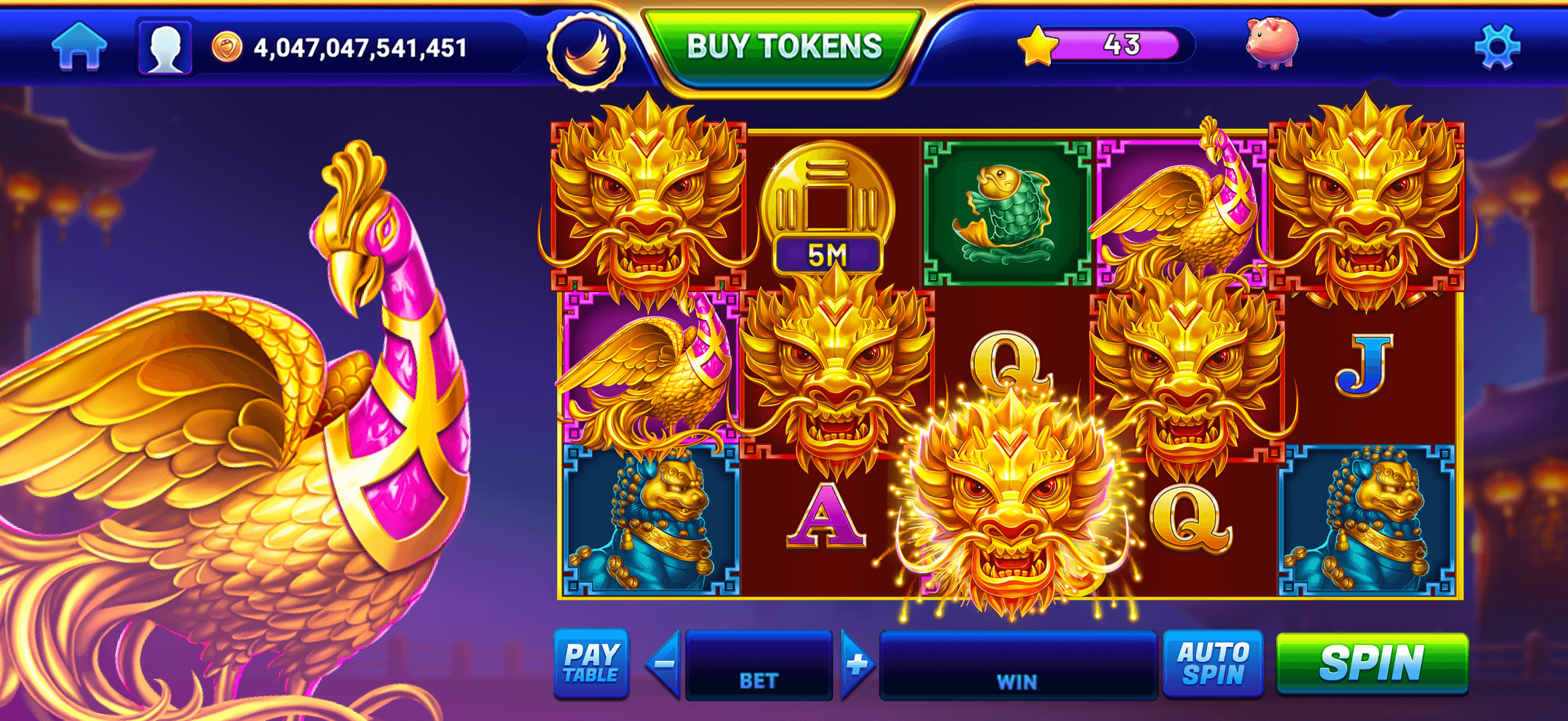 A dragon-themed machine in Royal Lounge Casino, formerly GSN Casino, a golden phoenix beside reels of golden dragon heads, with the Token balance of 4,047,047,541,451, the Buy Tokens button and a level star of 43 along the top
