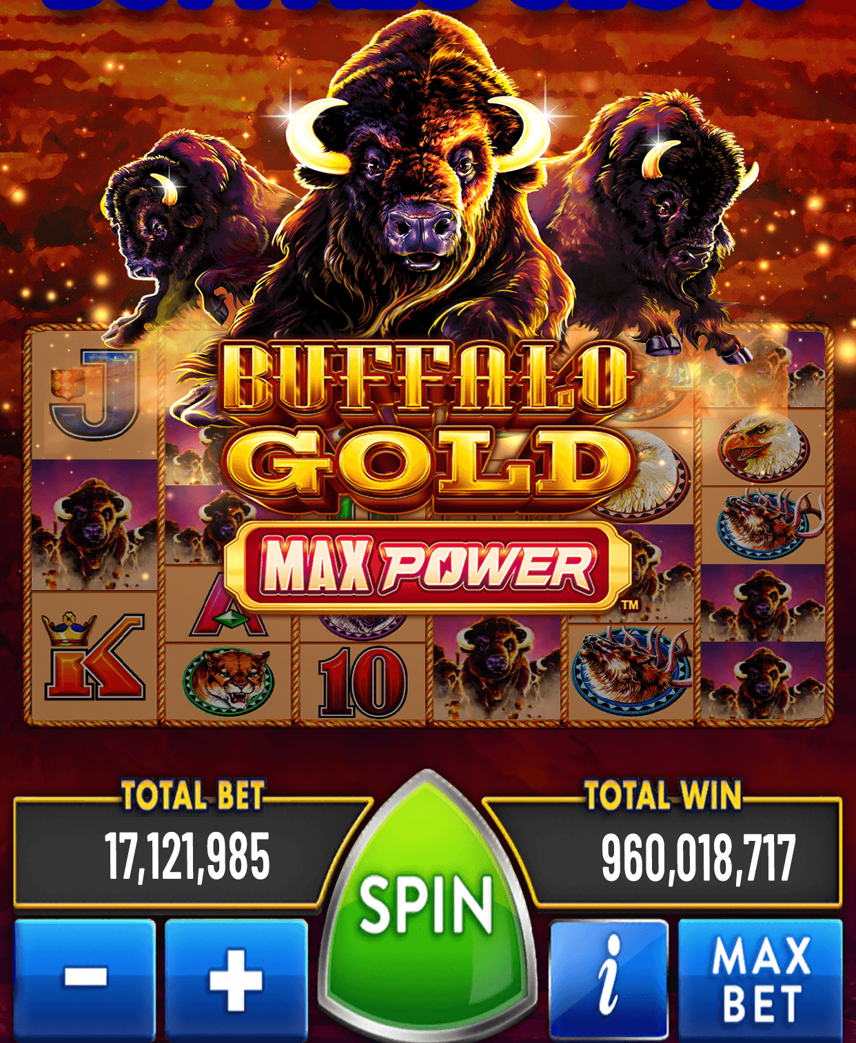 The Buffalo Gold Max Power slot in Heart of Vegas with the total bet and SPIN button below the reels