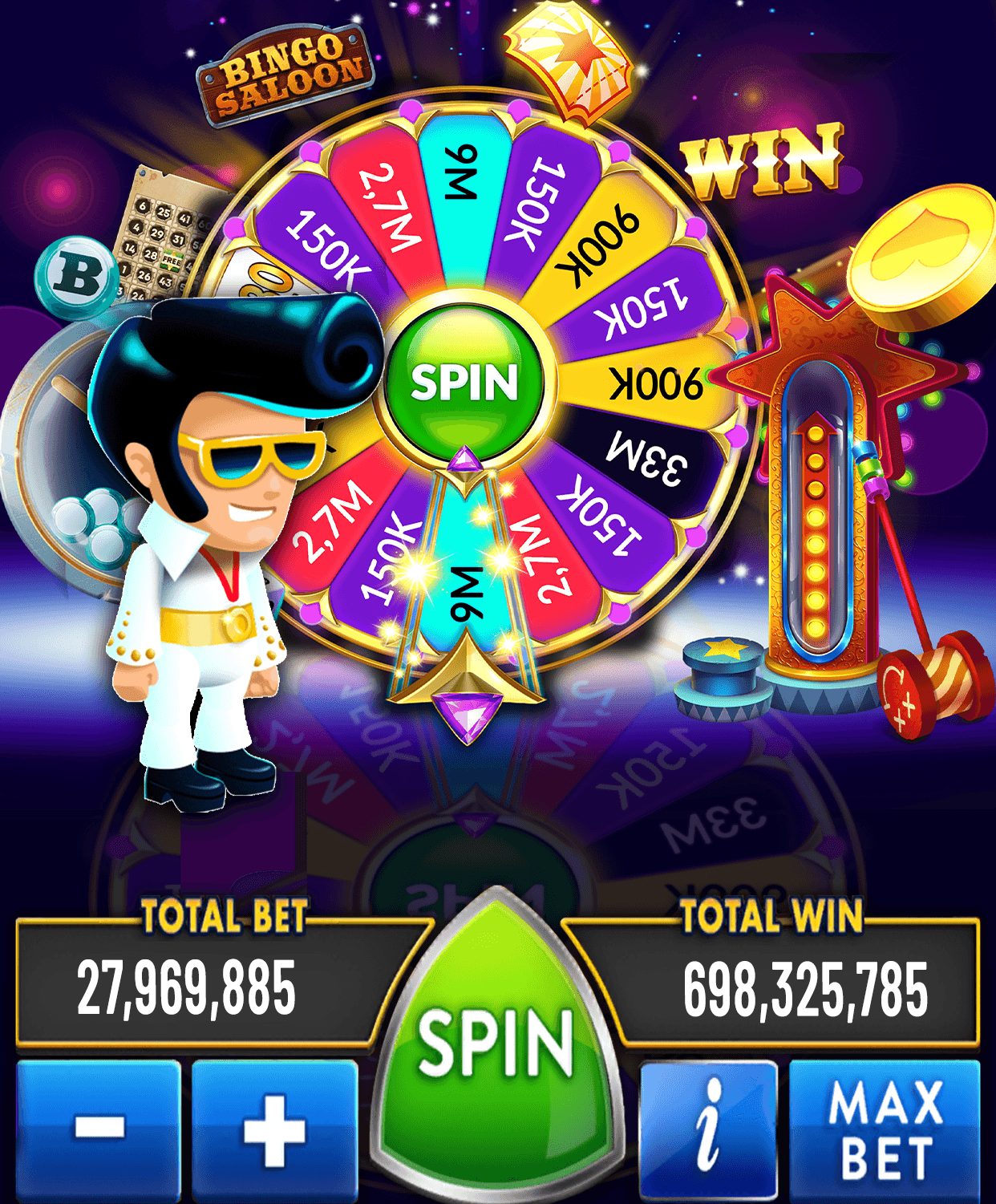 The Heart of Vegas daily bonus wheel, its segments marked with coin amounts from 150K to 33M