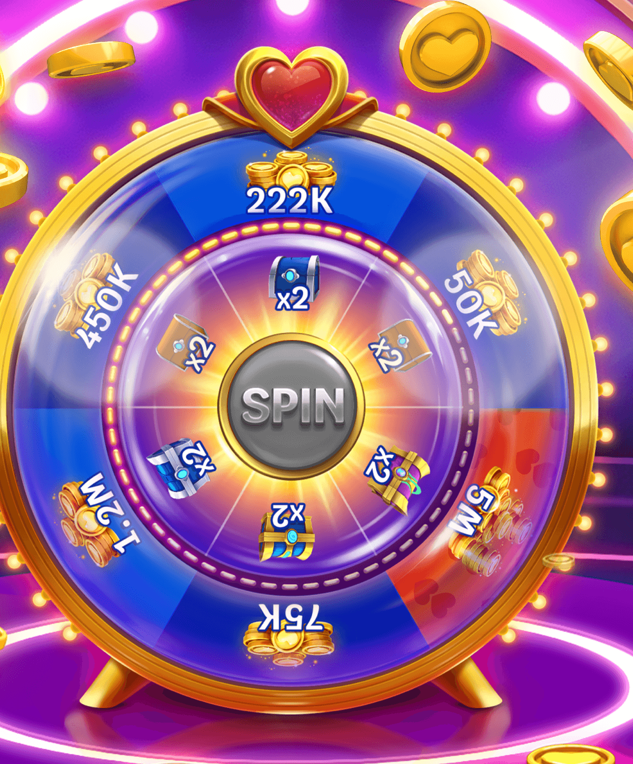 The Heart of Vegas Lucky Wheel, a gold-rimmed wheel with a SPIN button at its centre and outer segments reading 222K, 50K, 5M, 75K, 1.2M and 450K