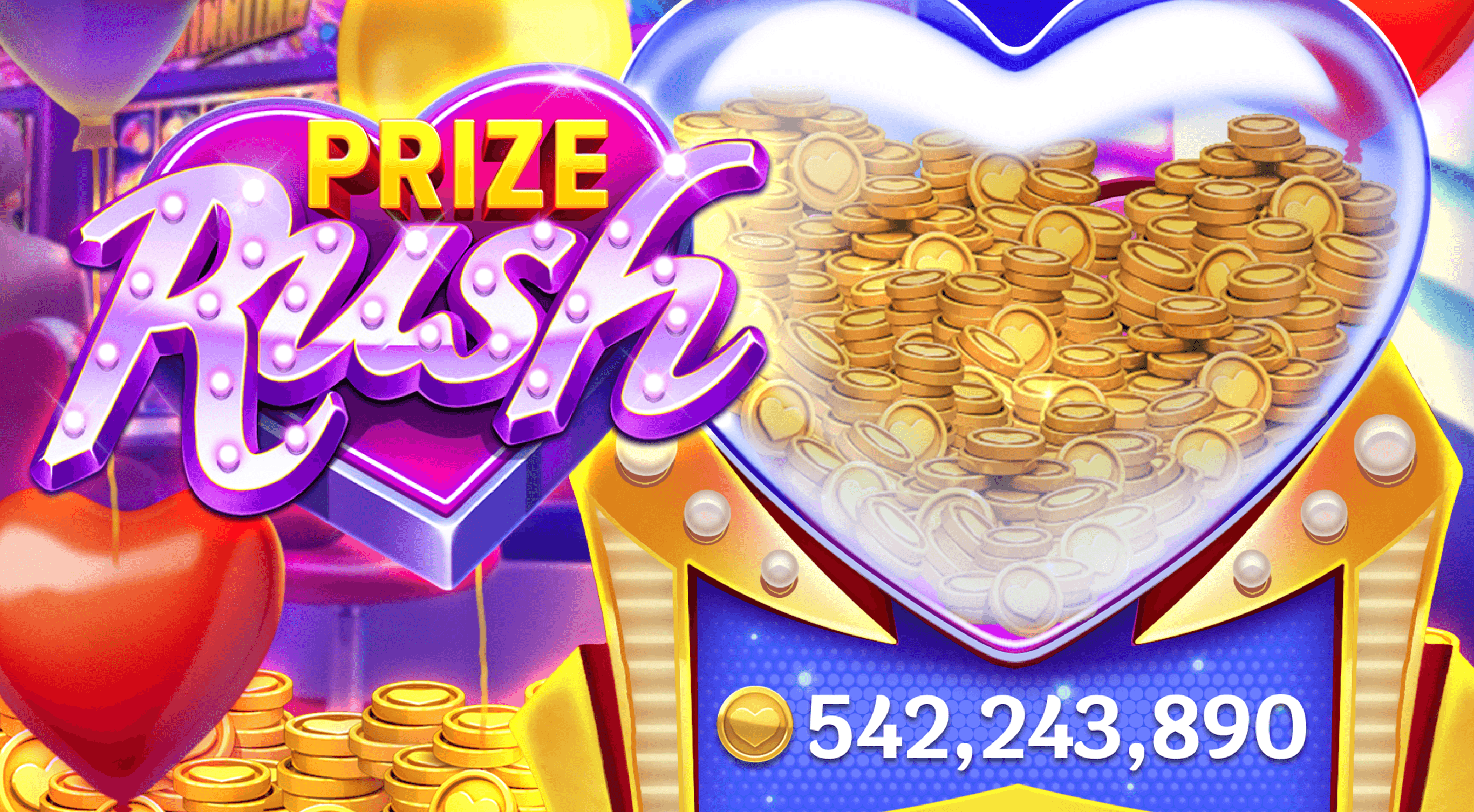 The Prize Rush feature in Heart of Vegas, a large heart-shaped jar filled with coins above a counter reading 542,243,890