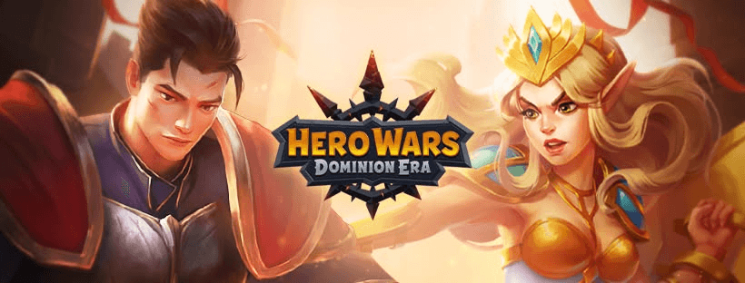 Hero Wars: Dominion Era artwork showing two heroes either side of the Dominion Era logo