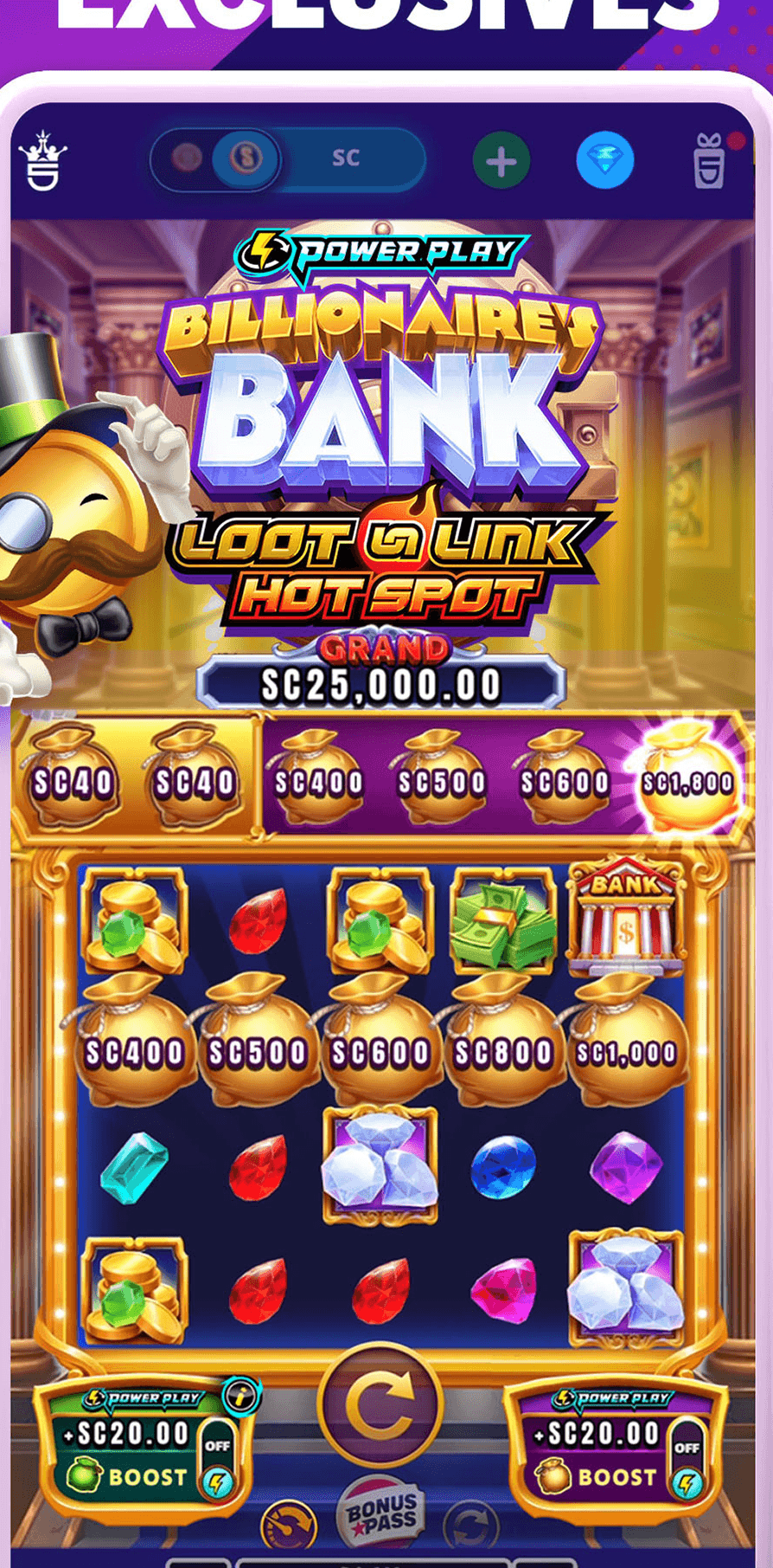 The Billionaire's Bank slot in High 5 Casino showing Loot Link Hot Spot cash values on the symbols above the reels
