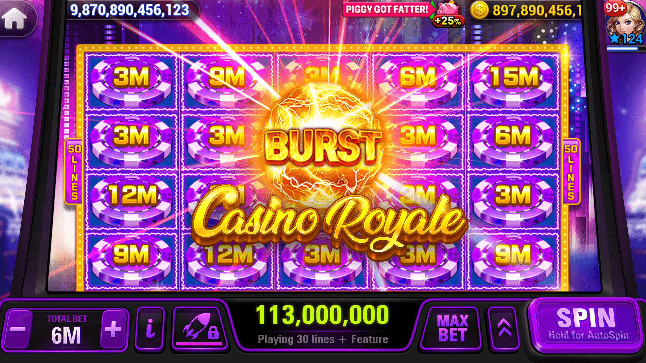 The Casino Royale slot in HighRoller Vegas with held symbols carrying values from 3M to 15M
