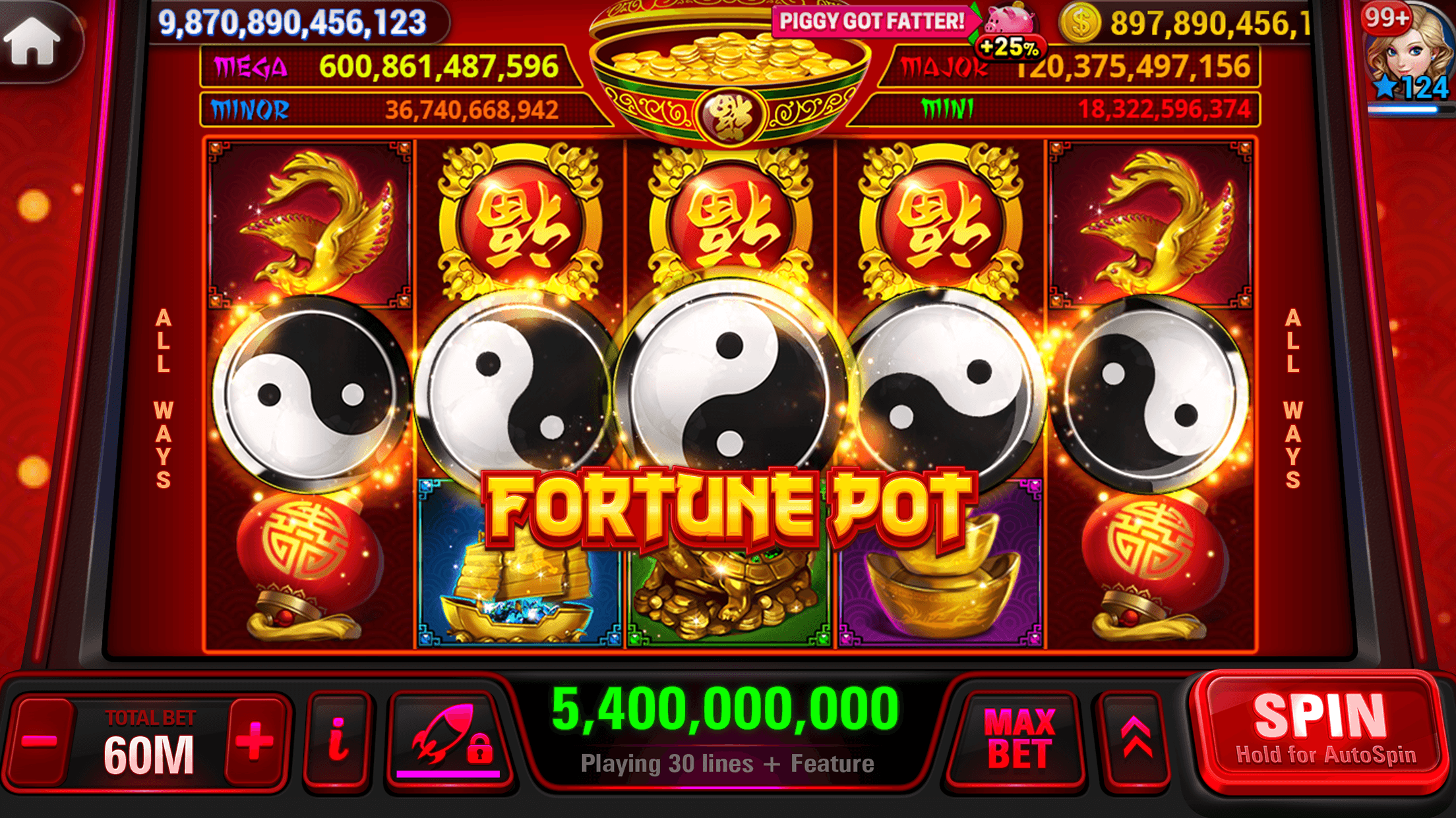 The Fortune Pot slot in HighRoller Vegas, five yin-yang symbols across the middle row below fu symbols and phoenixes, under Mega, Major, Minor and Mini jackpots from 18,322,596,374 up to 600,861,487,596, with a win of 5,400,000,000 at the bottom