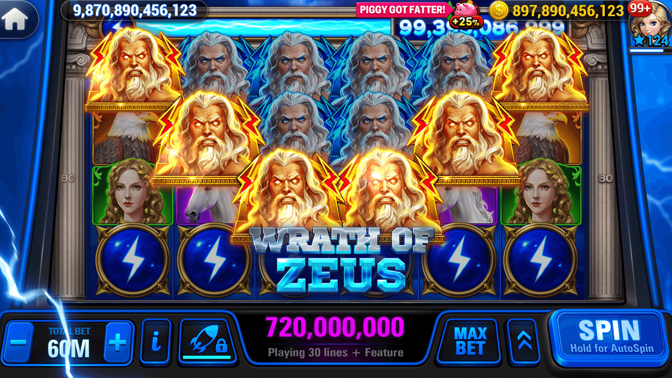 The Wrath of Zeus slot in HighRoller Vegas, playing 30 lines at a 60M bet