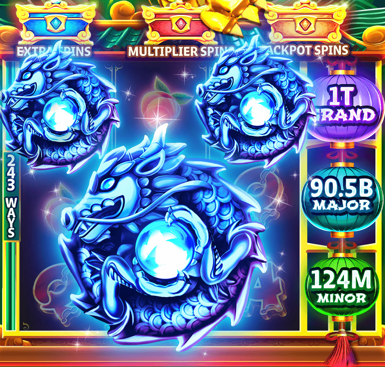The Triple Lucky Dragons slot in Hit It Rich! Casino Slots, Extra Spins, Multiplier Spins and Jackpot Spins chests above reels of glowing blue dragon orbs, with 243 Ways down the left and jackpot lanterns for a 1T Grand, a 90.5B Major and a 124M Minor down the right