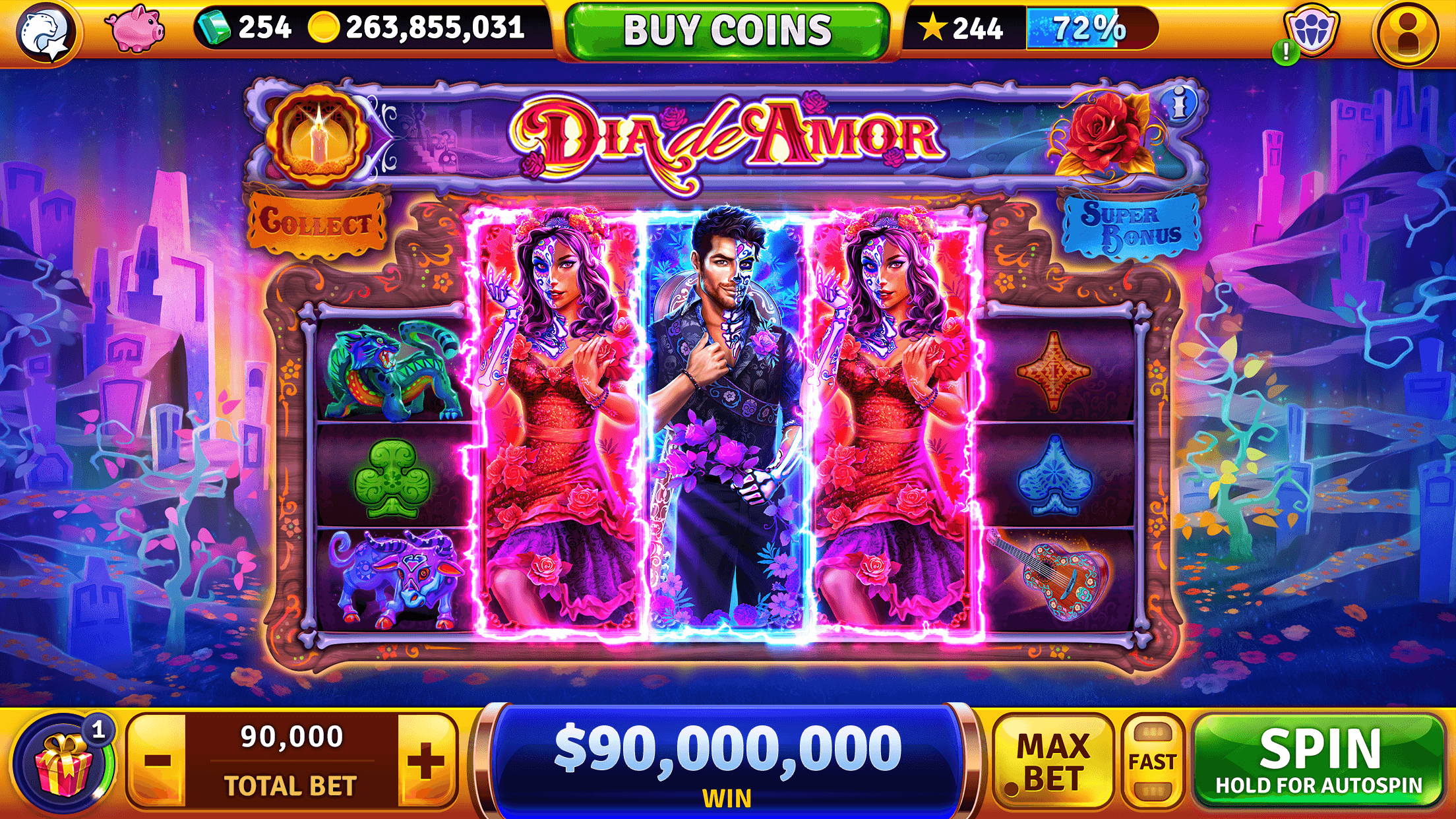 The Dia de Amor slot in House of Fun, three stacked character reels lit up across the middle, with a win of 90,000,000 shown at the bottom