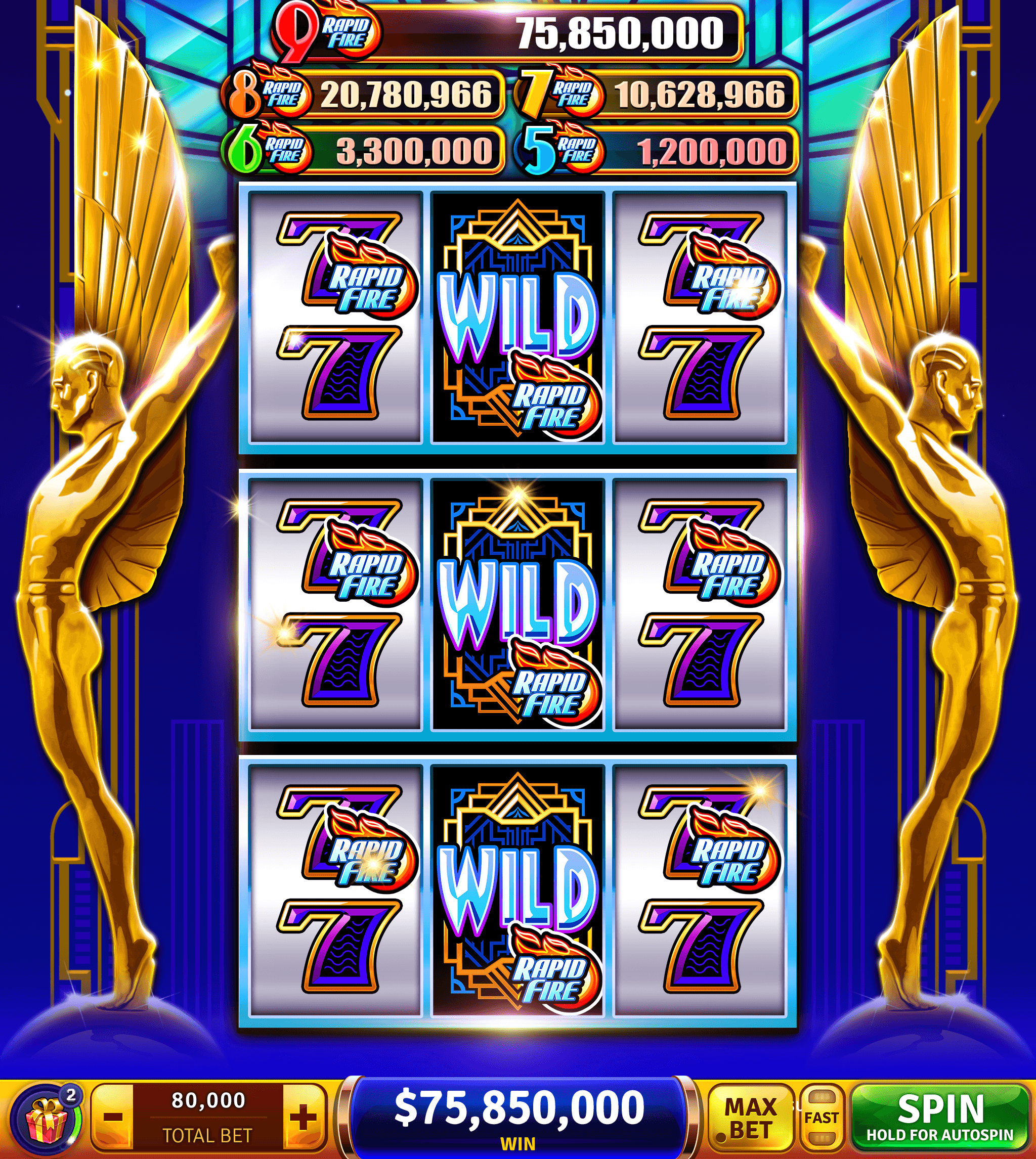 The Rapid Fire jackpots in House of Fun, five prizes numbered 5 to 9 from 1,200,000 up to 75,850,000, above three rows of red 7s and wild symbols