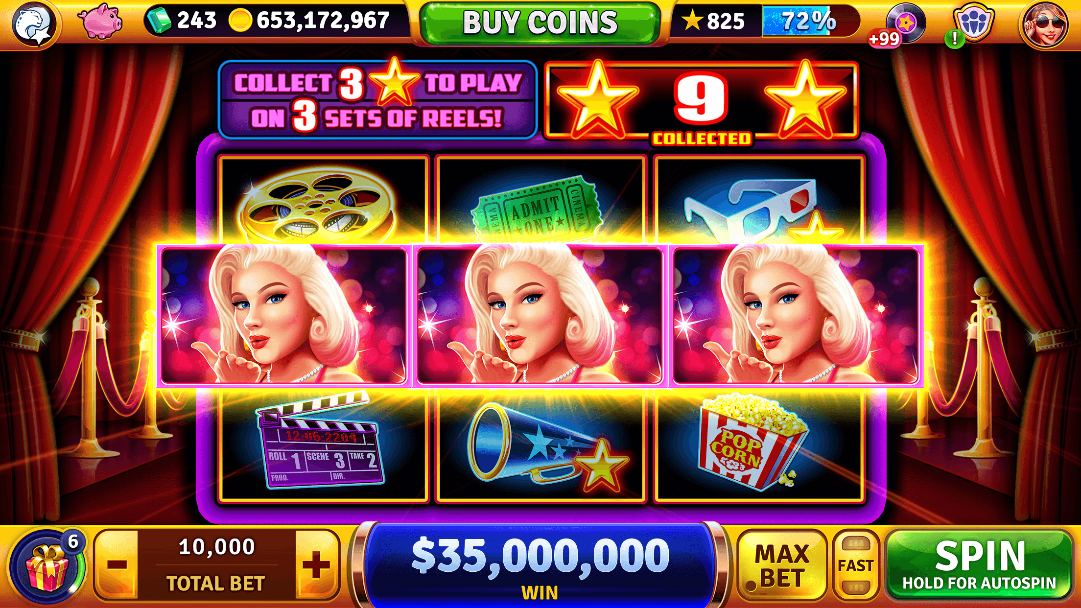 A Hollywood-themed House of Fun slot with three film-star symbols across the middle row, a Collect 3 stars to play on 3 sets of reels banner at the top, and a total bet of 10,000 at the bottom left