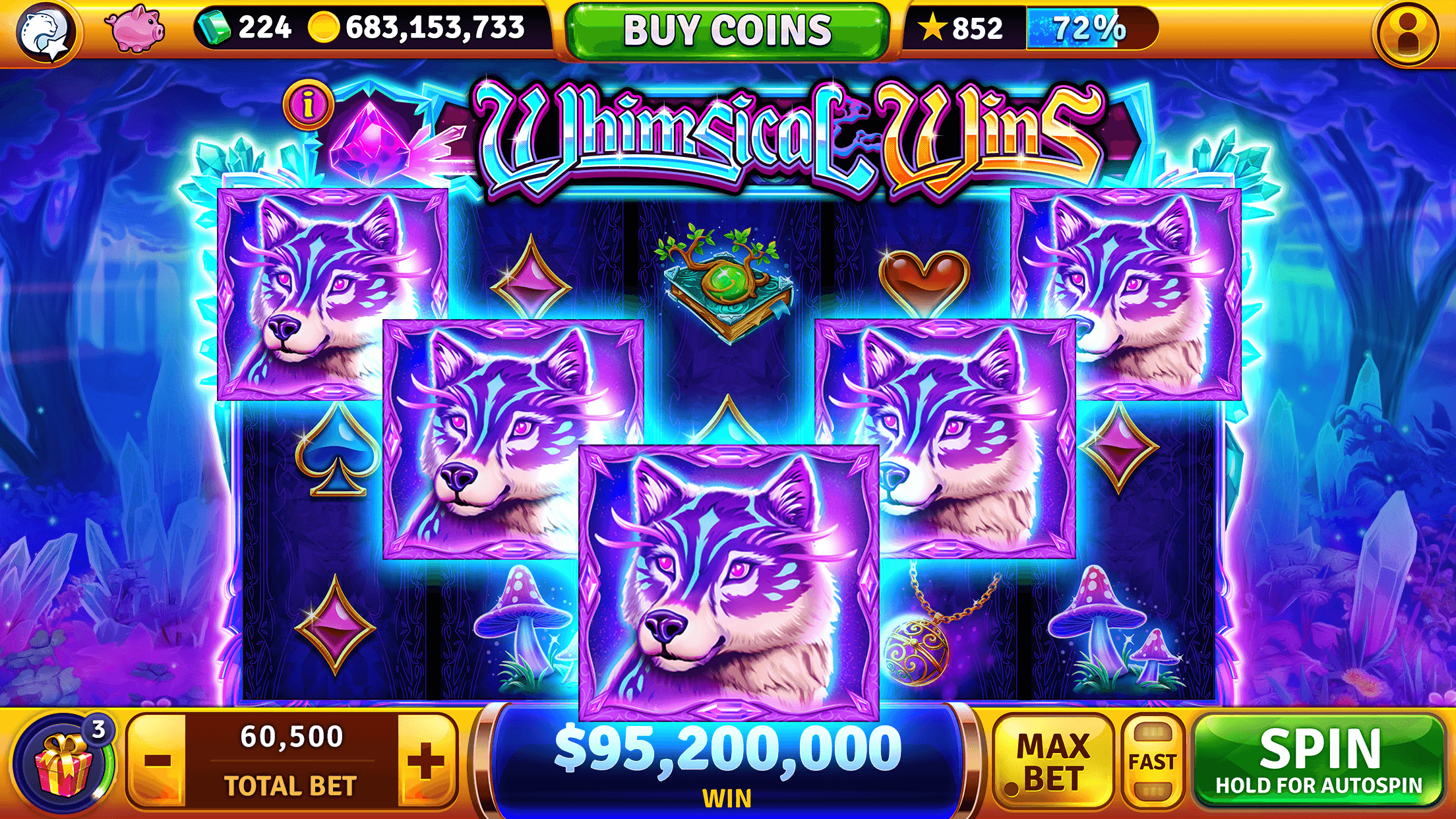 The Whimsical Wins slot in House of Fun, five wolf symbols on the reels, with the coin balance of 683,153,733 and the BUY COINS button along the top