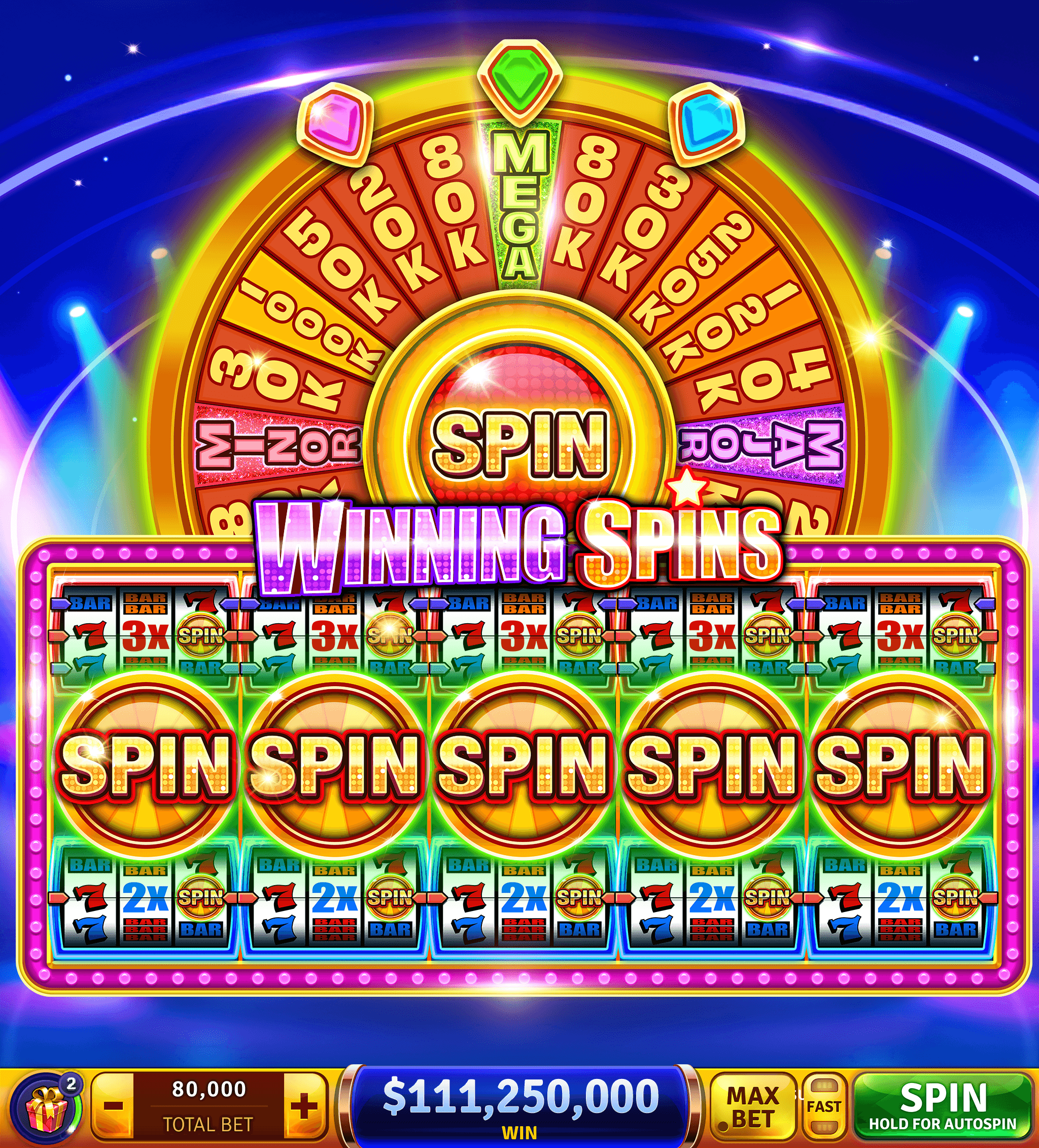 The Winning Spins game in House of Fun, a prize wheel with coin amounts and MINOR, MAJOR and MEGA segments above five small sets of reels, each showing a SPIN symbol on the middle row