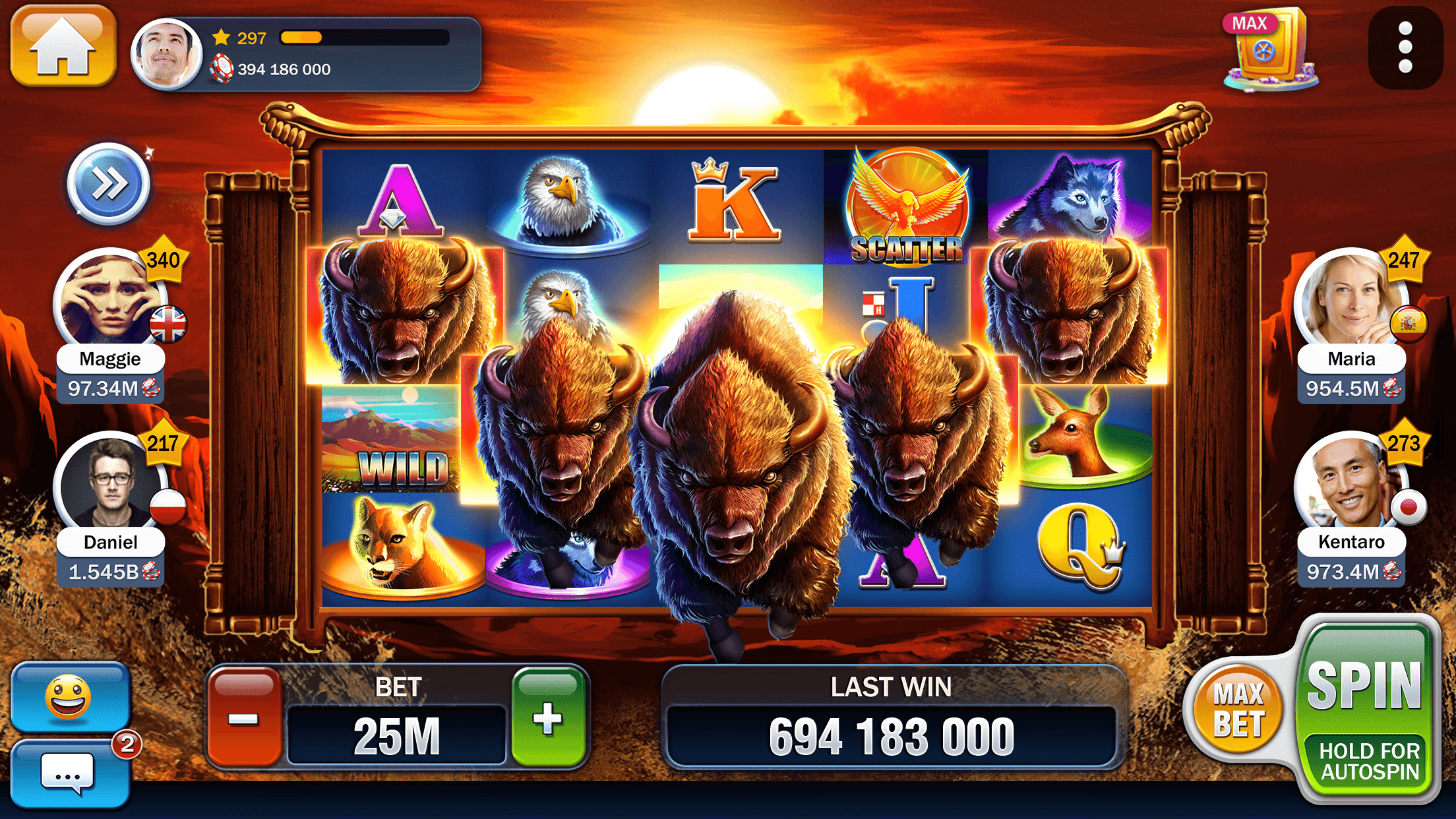 A buffalo-themed Huuuge Casino slot with charging bison, an eagle and a wolf on the reels, other players' avatars down both sides, a level star of 297 with its progress bar and a Chip balance of 394,186,000 at the top left, and a bet of 25M and a last win of 694,183,000 at the bottom