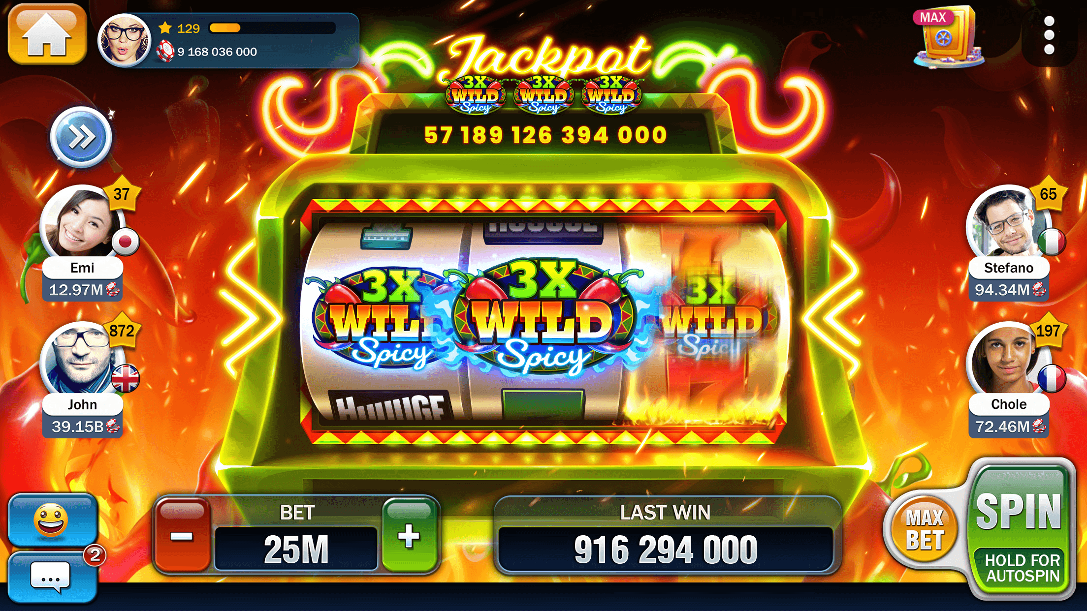 The Habanero Heat slot in Huuuge Casino, a classic three-reel machine with 3X Wild Spicy symbols under a neon Jackpot sign reading 57,189,126,394,000, other players' avatars down both sides, and a bet of 25M and a last win of 916,294,000 at the bottom