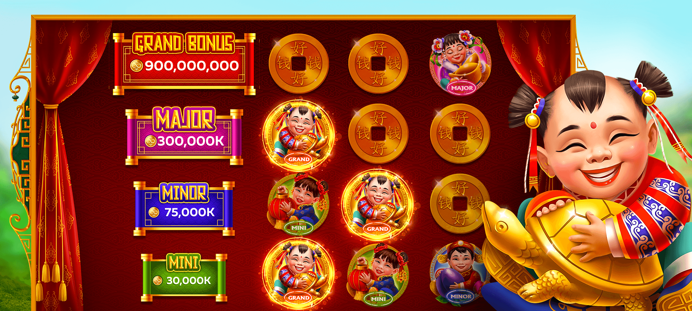 An Infinity Slots bonus round showing Grand, Major, Minor and Mini jackpot tiers beside a grid of coin symbols