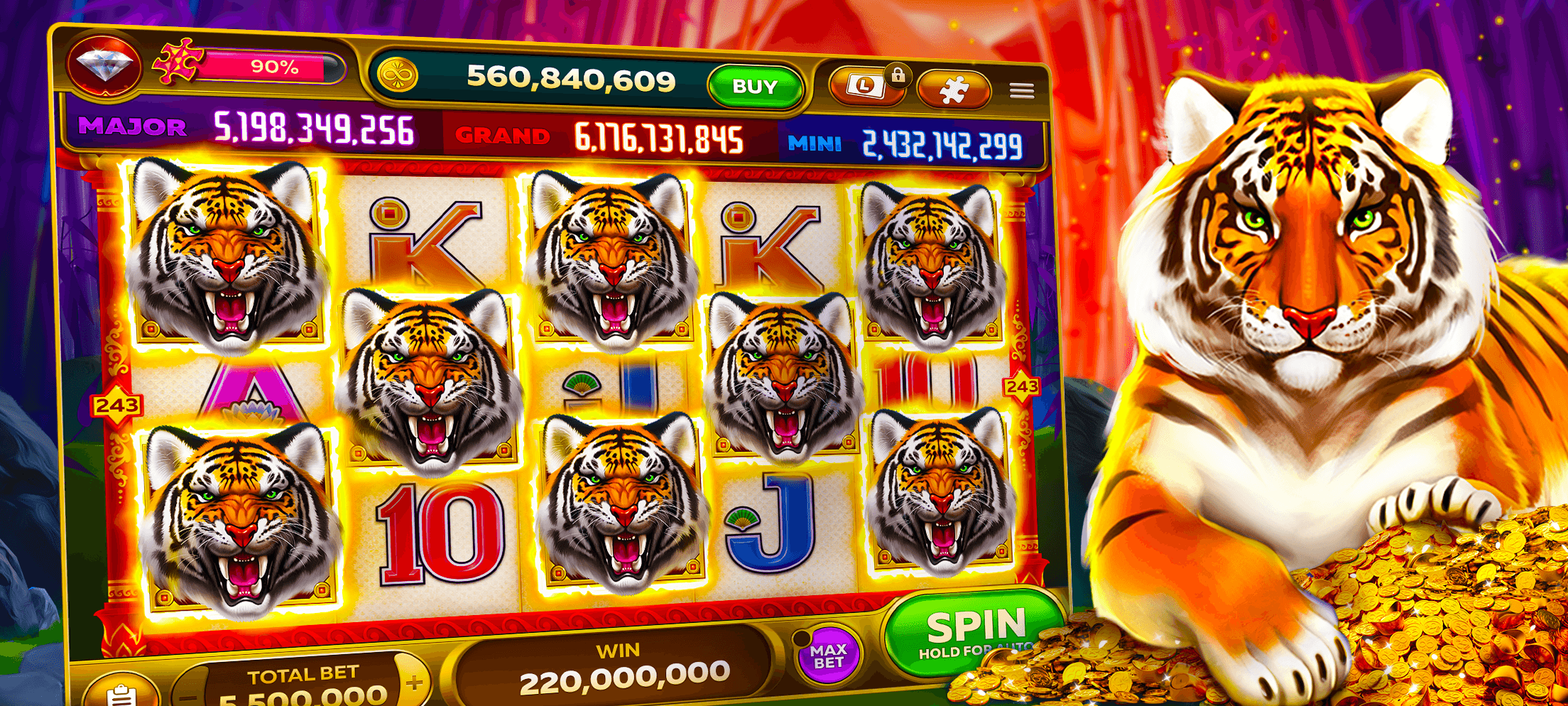 A tiger-themed Infinity Slots machine with jackpot totals above the reels and a win of 220,000,000 below them