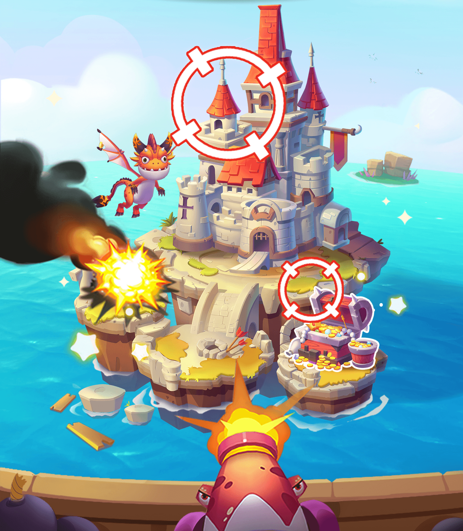 Island King store art of an attack, a rival's castle island with red target markers on the castle tower and a treasure chest, a small dragon flying beside it, an explosion on the rocks and a cannon firing from the bottom