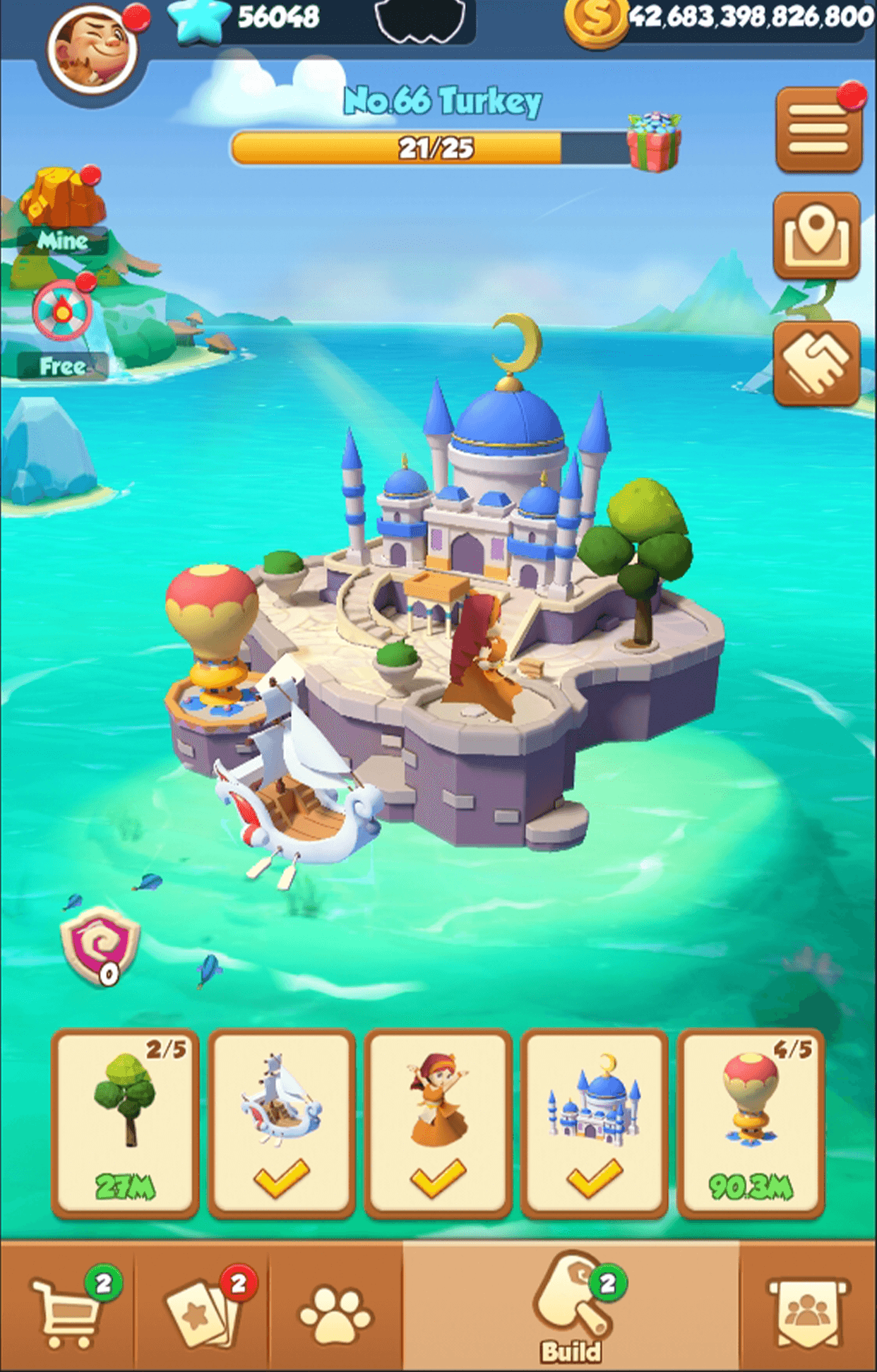 An Island King island under construction, with a build progress counter and the buildings still to place along the bottom