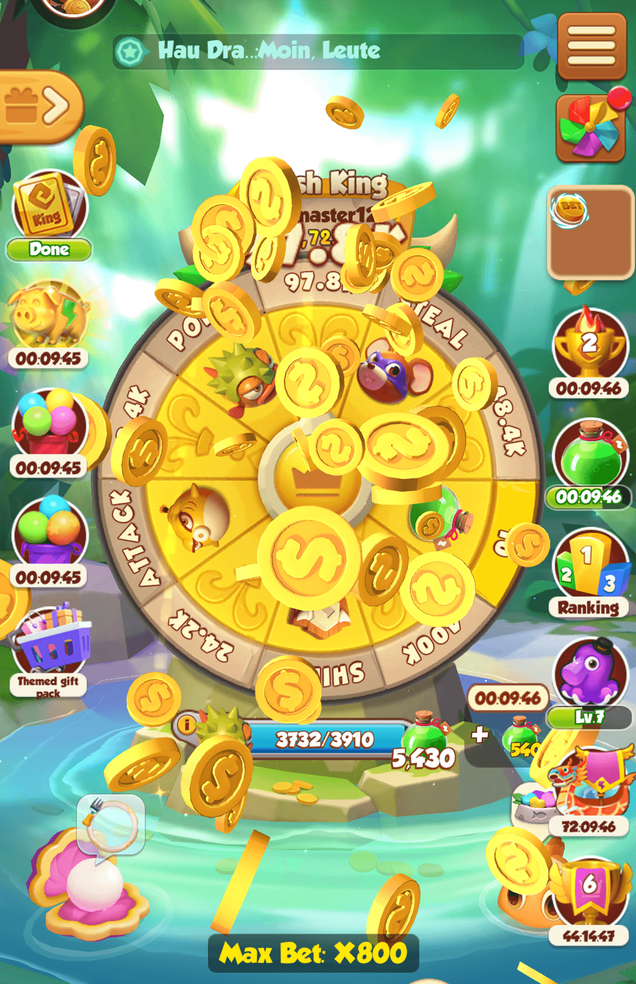 The Island King spin wheel showing Attack, Steal and coin segments with a max bet of X800