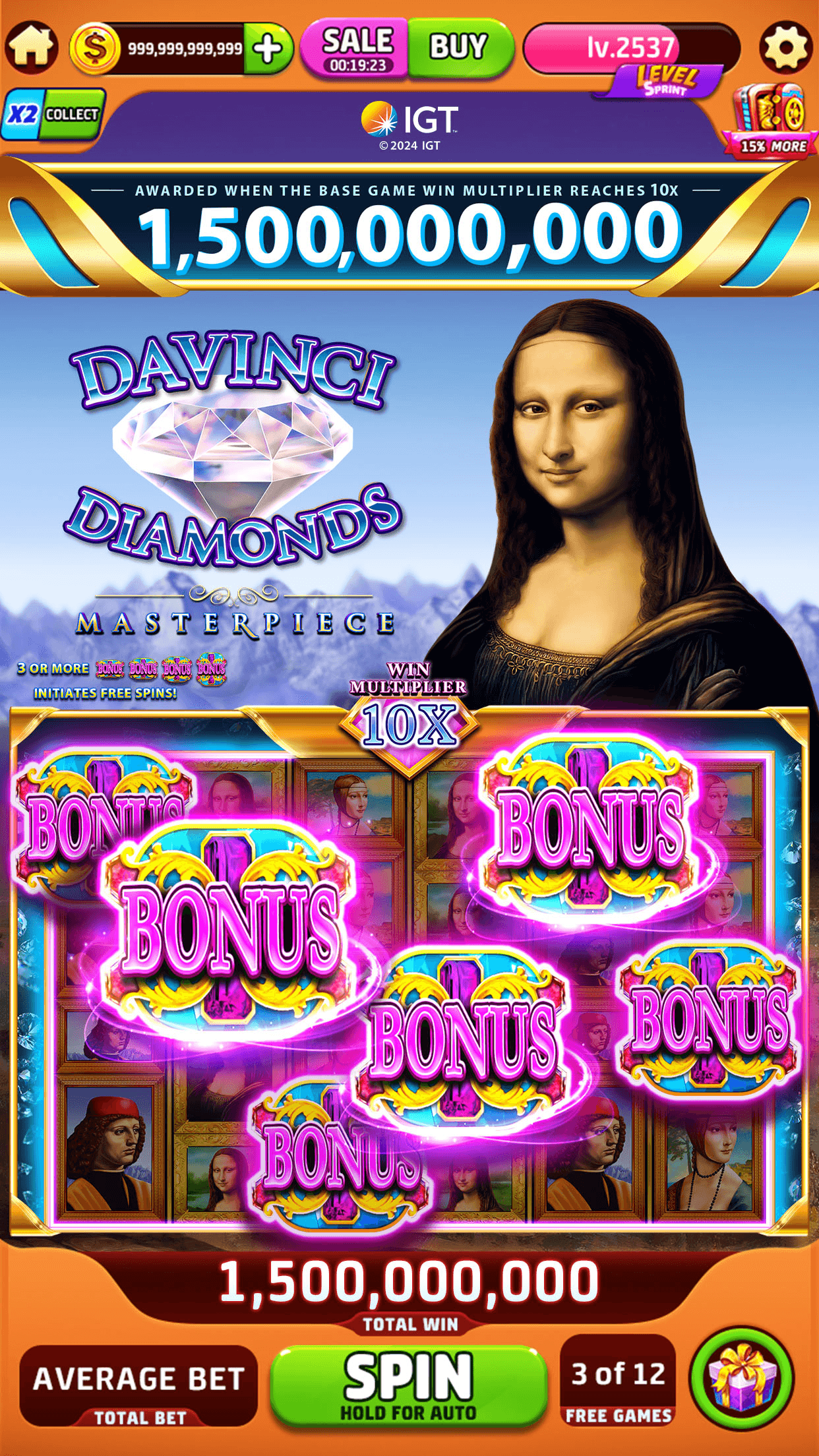 The Da Vinci Diamonds slot in Jackpot Crush with bonus symbols across the reels and a total win of 1,500,000,000