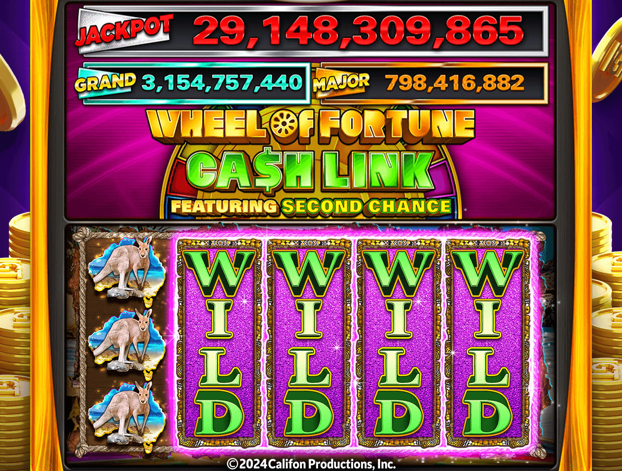 The Wheel of Fortune Cash Link machine in Jackpot Crush, a jackpot of 29,148,309,865 above Grand and Major prizes, and four reels of stacked Wild symbols beside a column of kangaroos
