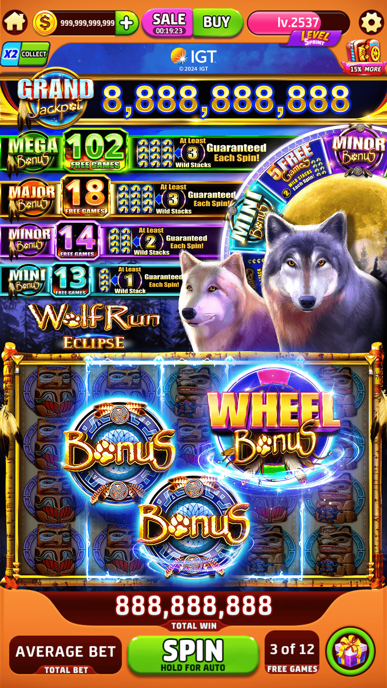 The Wolf Run Eclipse slot in Jackpot Crush showing a Grand jackpot of 8,888,888,888 and Mega, Major, Minor and Mini bonus tiers