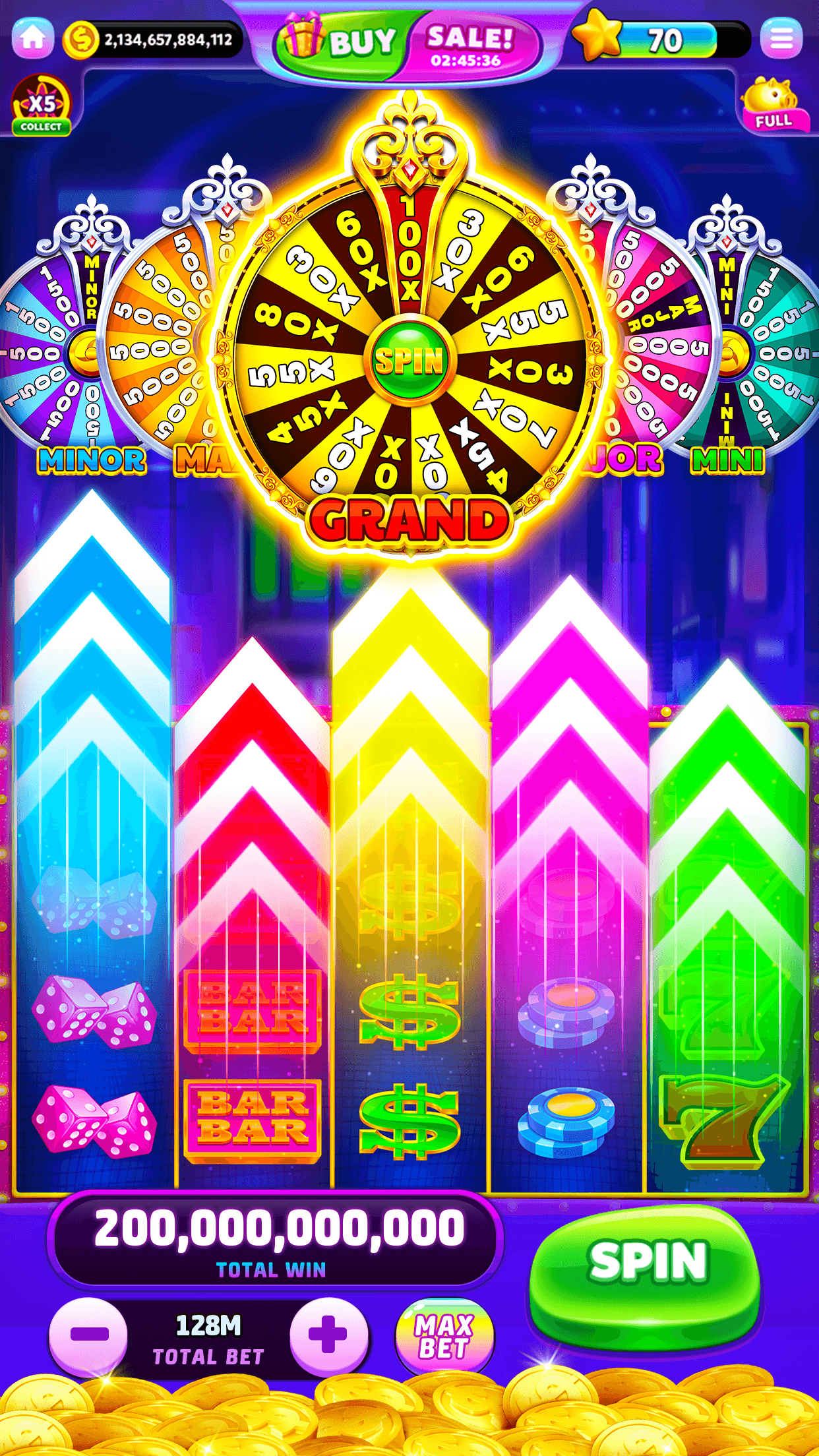 A Jackpot Friends Slots bonus wheel marked with multipliers up to 100X and Grand, Major, Minor and Mini segments