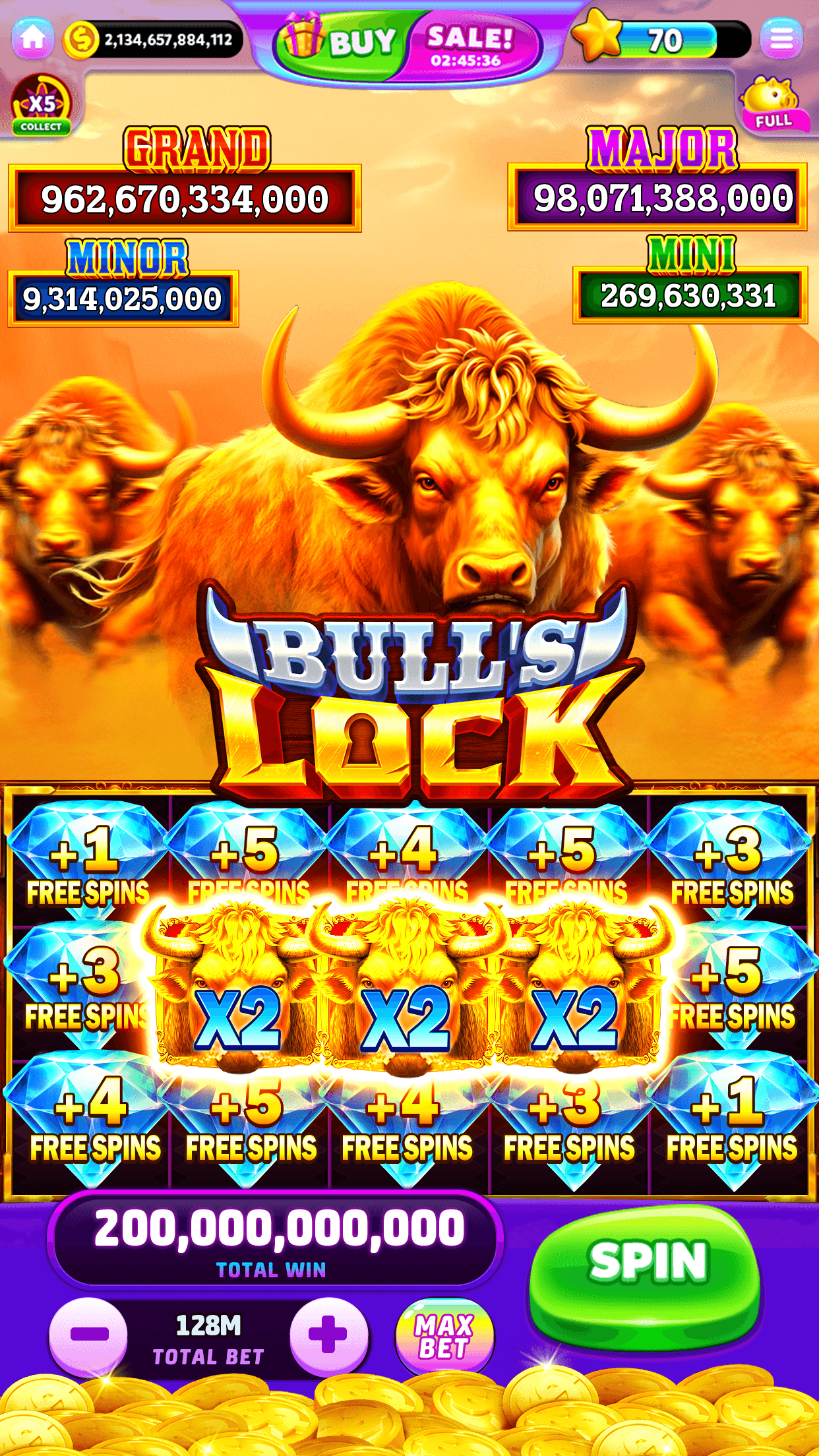 The Bull's Lock slot in Jackpot Friends Slots showing Grand, Major, Minor and Mini jackpot totals above a grid of free-spin awards